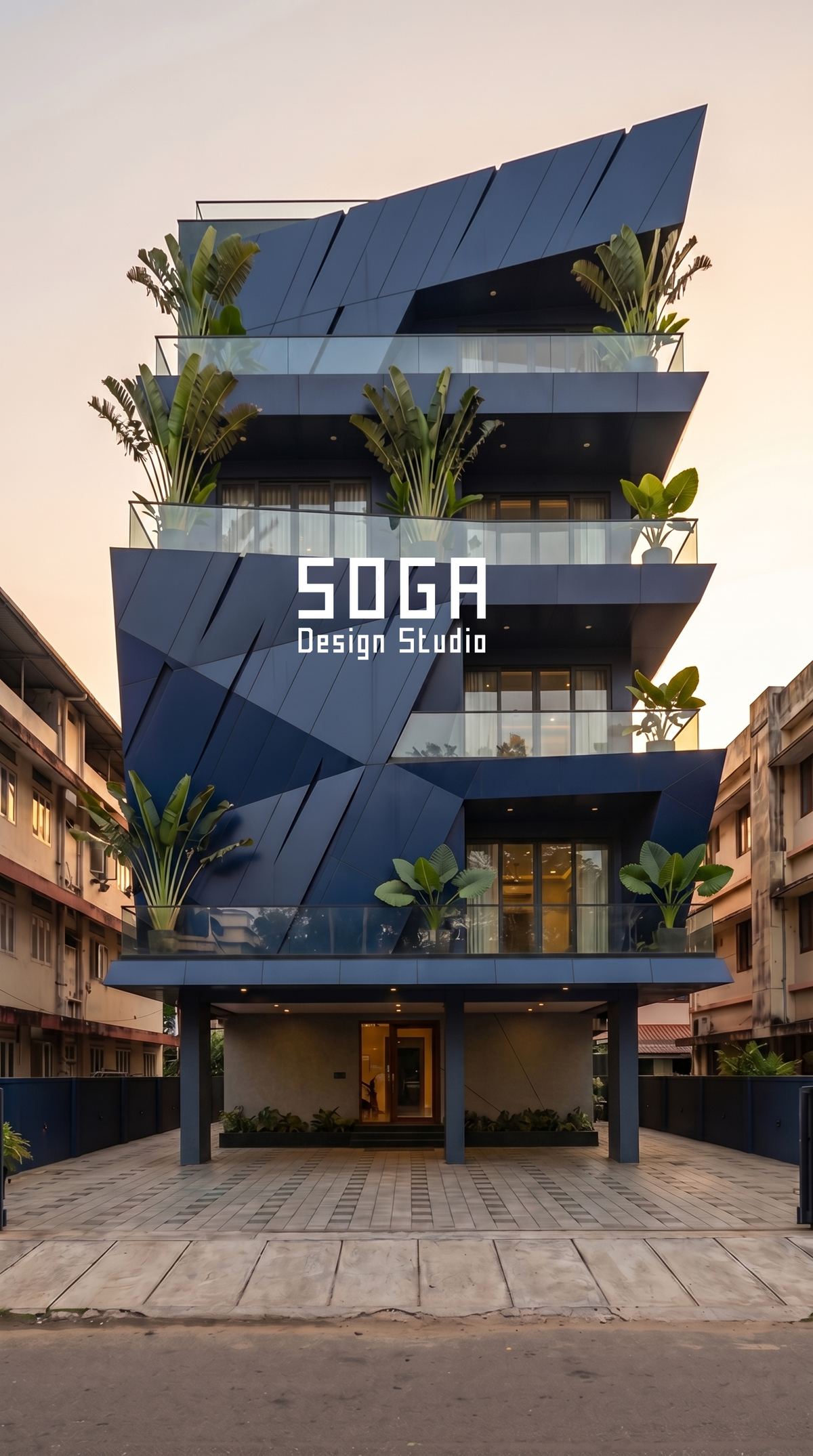 Facade Substructure And Wind Load: MS Framework & Anchoring 3 A dark faceted panel facade on an Indian building, each facet transferring wind pressure back to an anchored MS framework