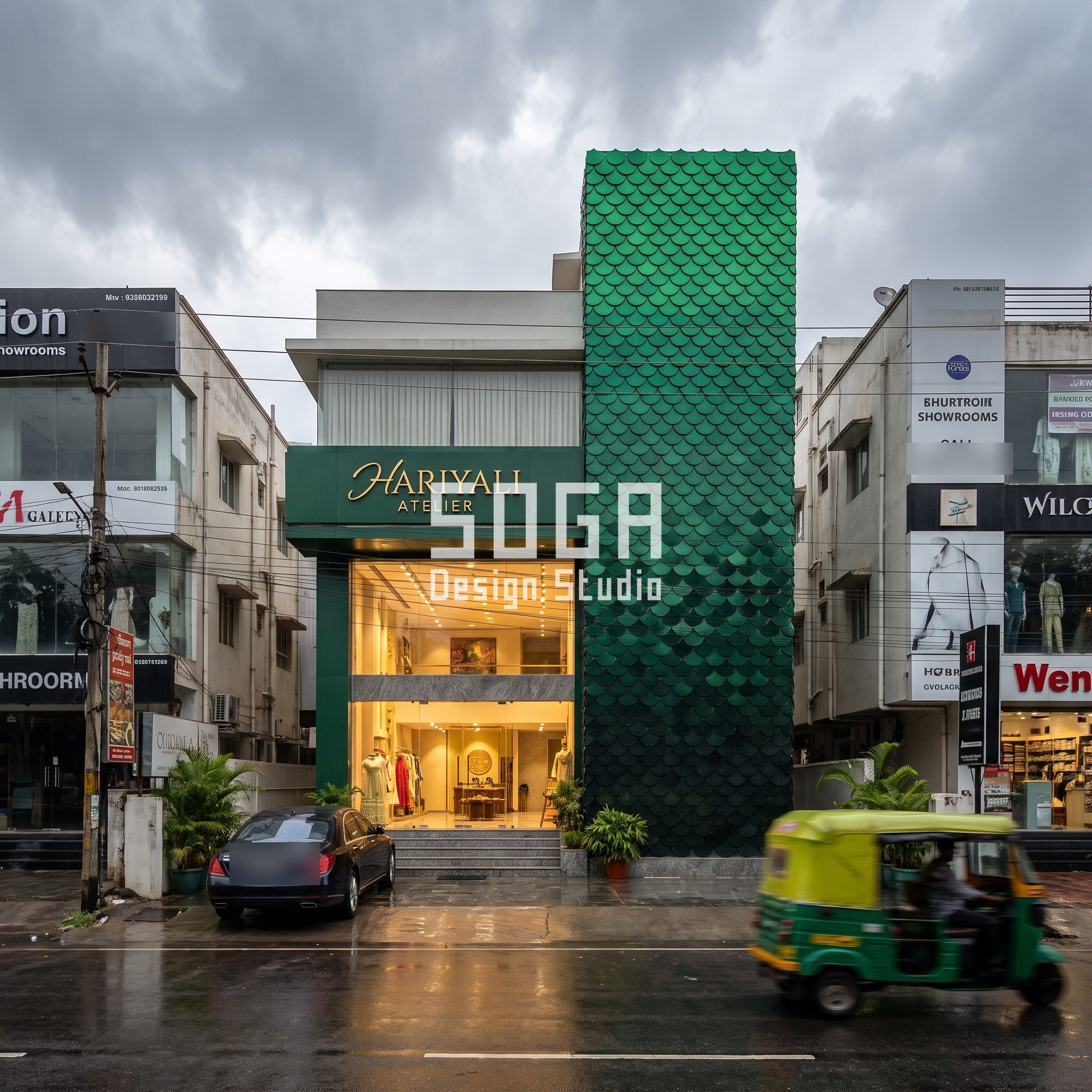 Hariyali Atelier concept in Hyderabad (Jubilee Hills): full-height emerald fish-scale aluminium column fading dark to light on a G+2 designer fashion flagship