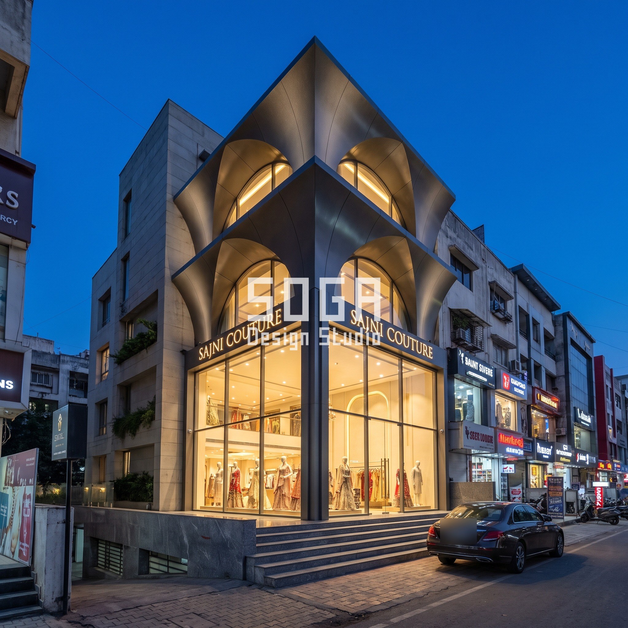 Sajni Couture concept in Pune at blue hour: graphite aluminium inverted-pyramid vaults opening into 5 m arches on a G+3 bridal couture flagship