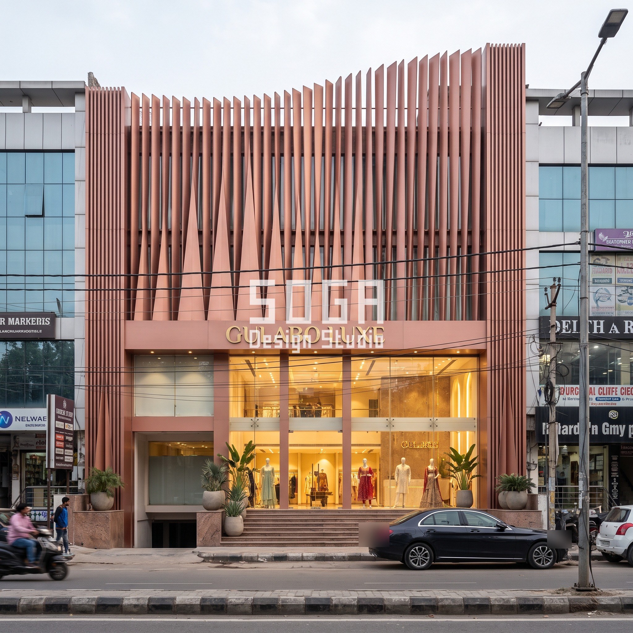 Gulabo Luxe concept in South Delhi: rose-copper aluminium fins tapering from 500 mm to a knife edge on a G+3 designer fashion showroom