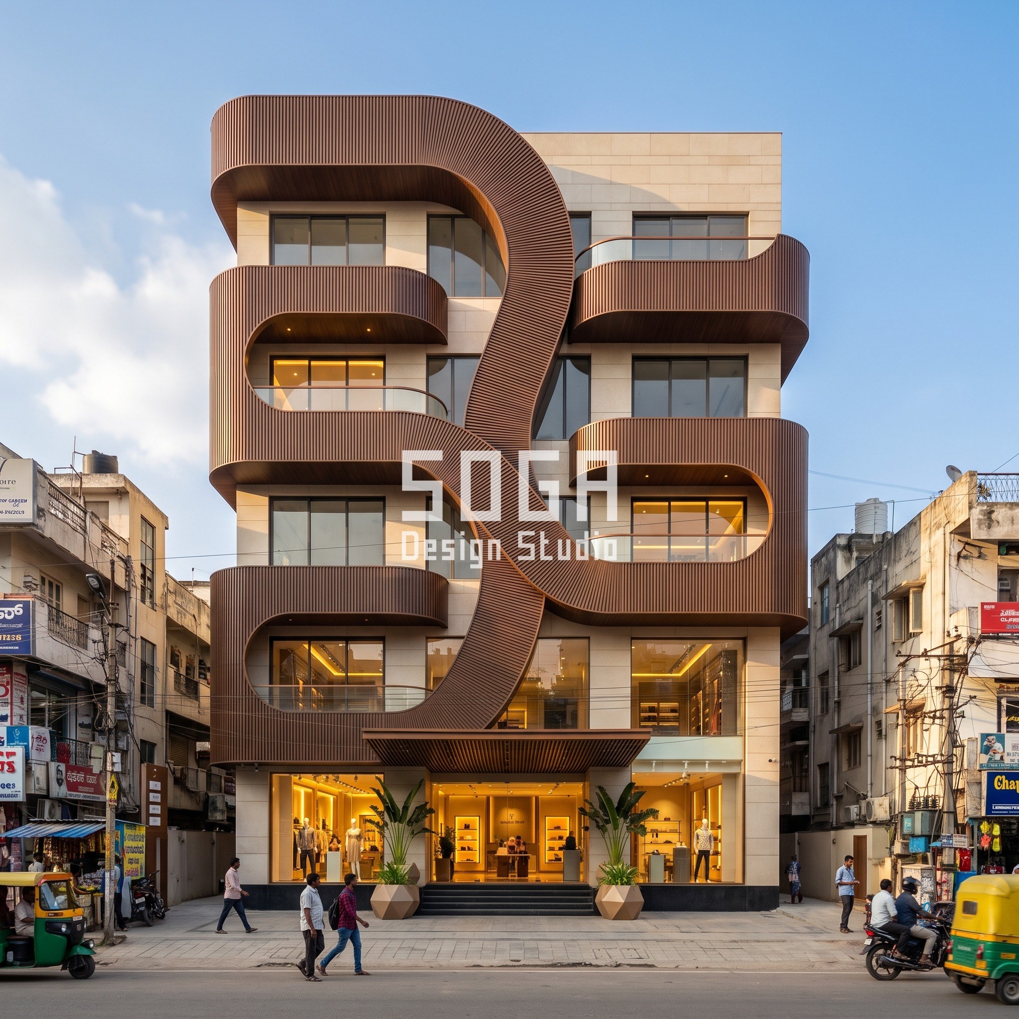 Nritya Plaza concept in Bengaluru (Indiranagar): serpentine walnut-finish ribbed aluminium band forming C-shaped balcony pockets on a G+4 mixed-use block
