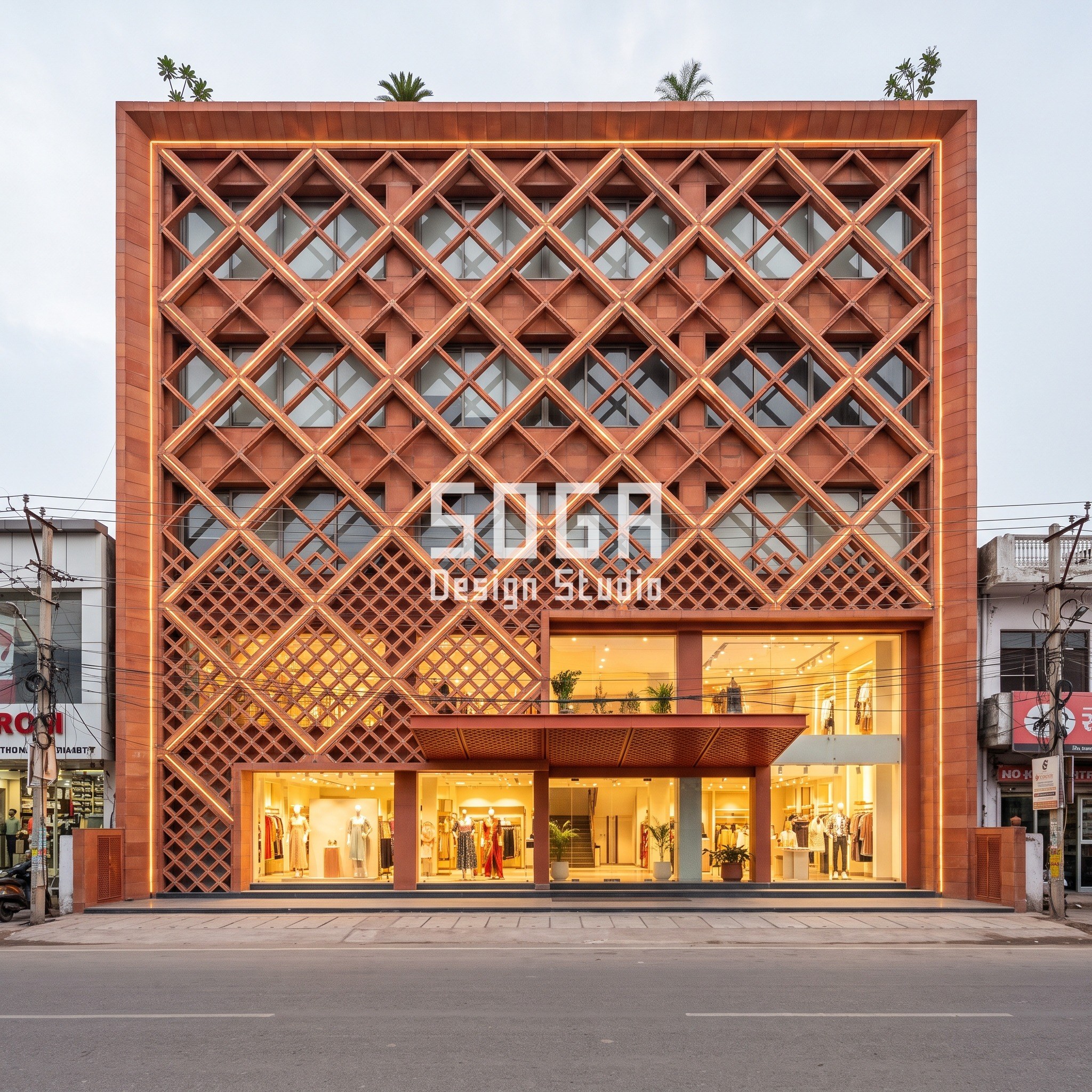 Buta Arcade concept in Jaipur: diamond terracotta jaali lattice with open ratio shifting from 20 to 75 percent on a G+4 mixed-use retail and office block