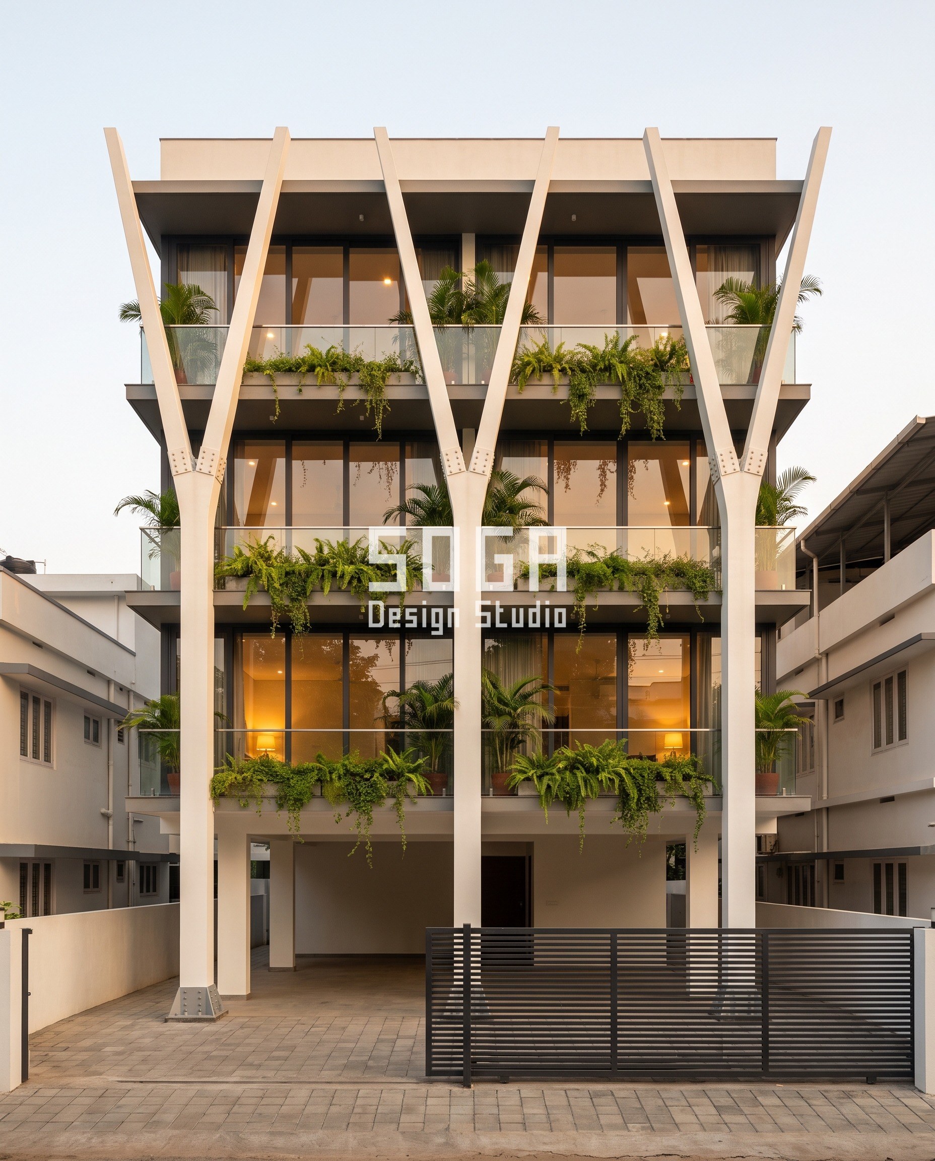 Freeform Facade Design: The Move Makes The Curve 5 White lime ferrocement exoskeleton in Kochi, trunks forking into tapered arms that widen as they rise - SOGA Design Studio