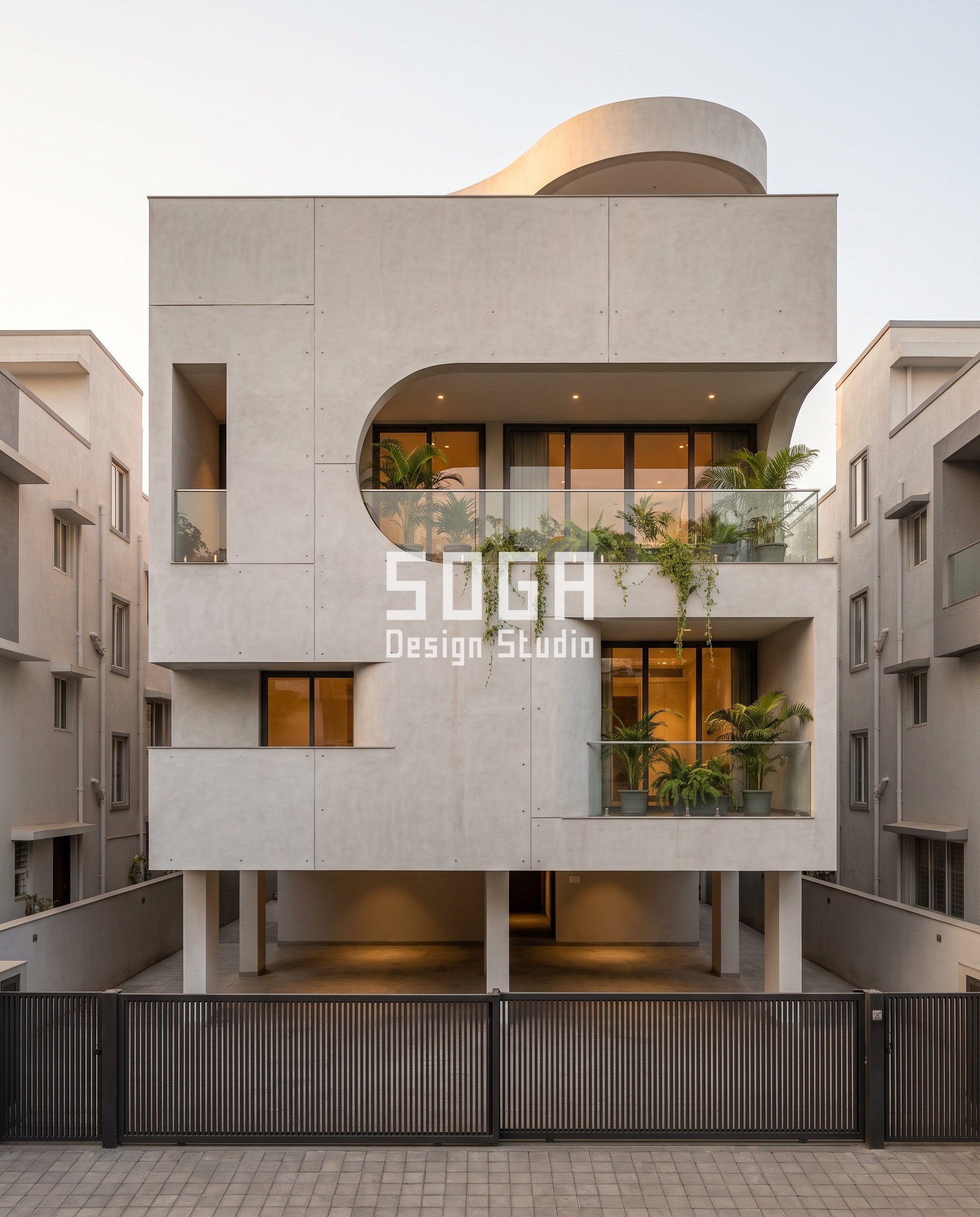 Freeform Facade Design: The Move Makes The Curve 3 Pale grey lime ferrocement mass in Pune carved by large curved voids of different sizes - SOGA Design Studio