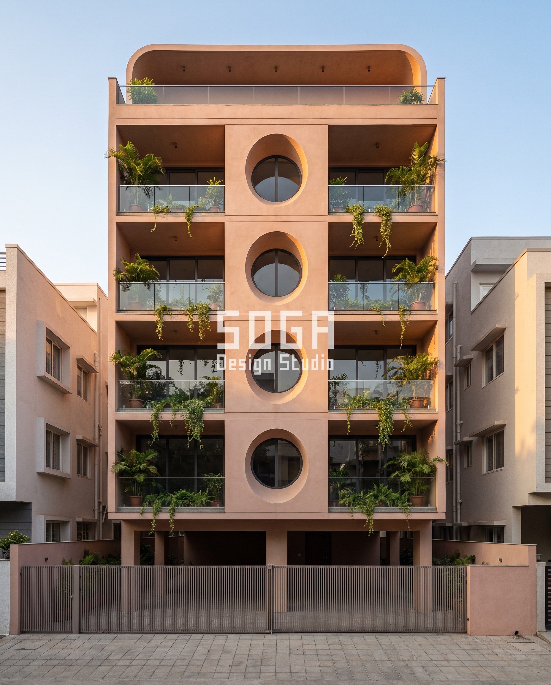 Freeform Facade Design: The Move Makes The Curve 4 Clay-toned lime ferrocement facade in Bengaluru with deep circular apertures cut through a smooth plastered mass - SOGA Design Studio