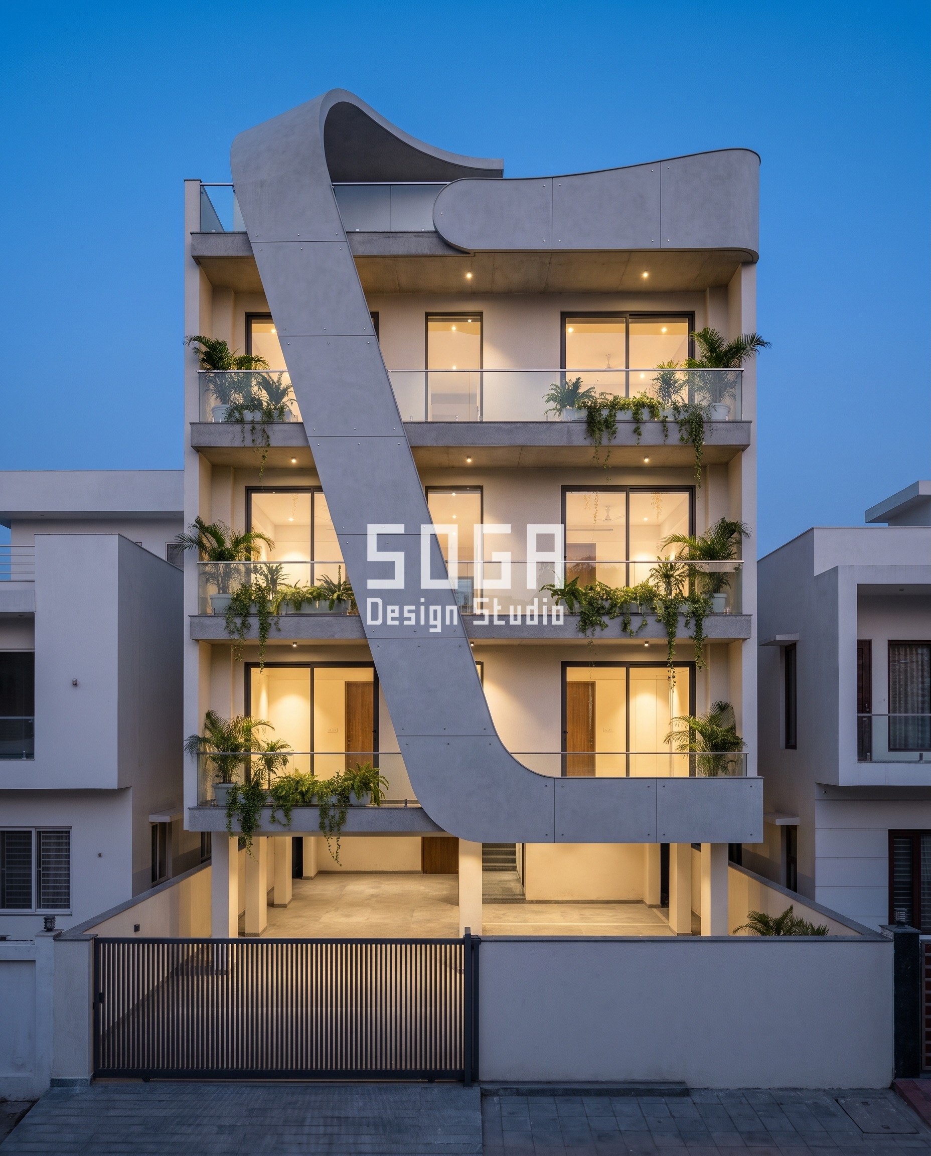 Freeform Facade Design: The Move Makes The Curve 2 Grey lime ferrocement facade in Jaipur with a single freeform ribbon sweeping the frontage and curling over the roof - SOGA Design Studio