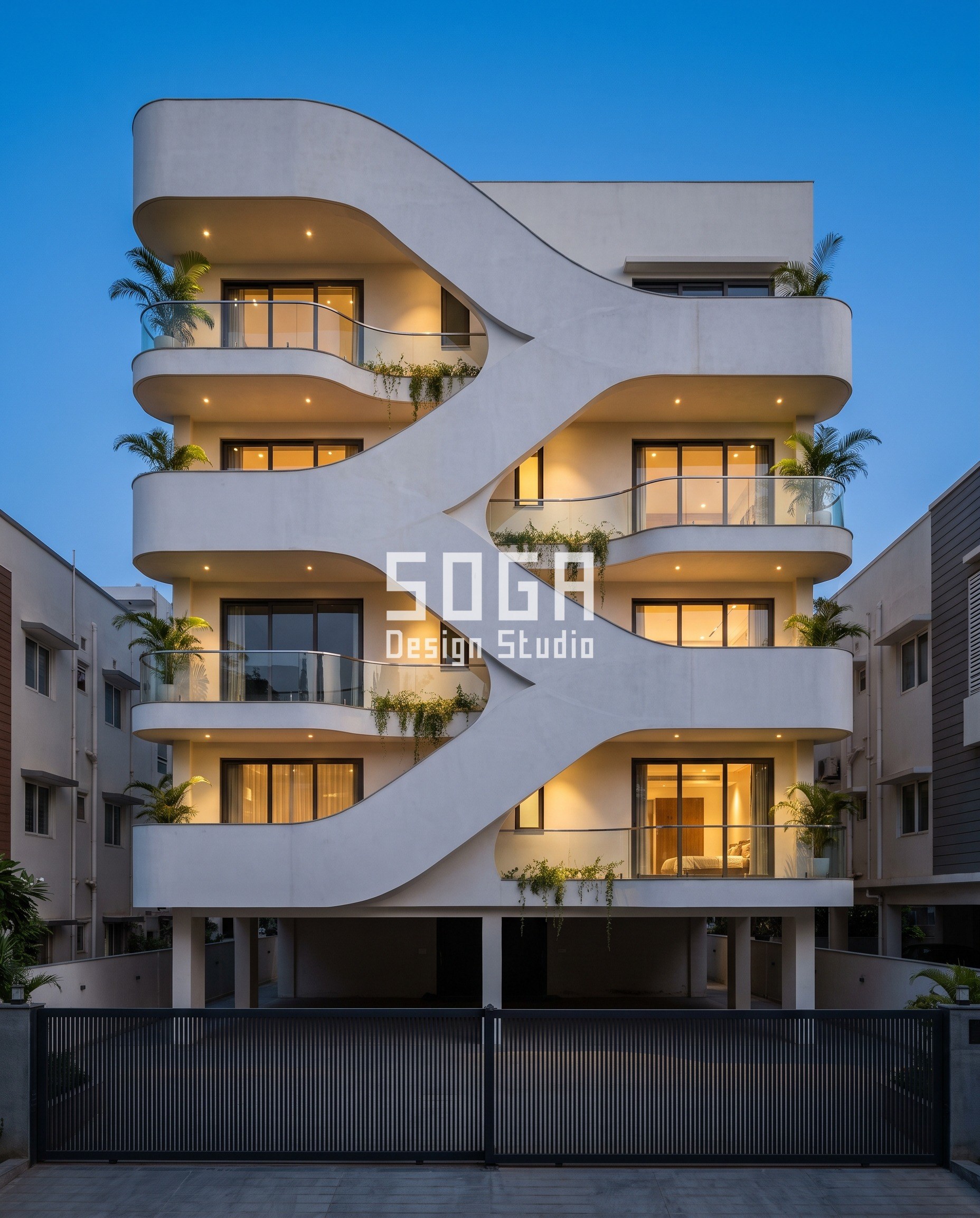 Freeform Facade Design: The Move Makes The Curve 1 Freeform white lime ferrocement facade in Hyderabad, balcony edges following a continuous sine curve phase-shifted floor to floor - SOGA Design Studio