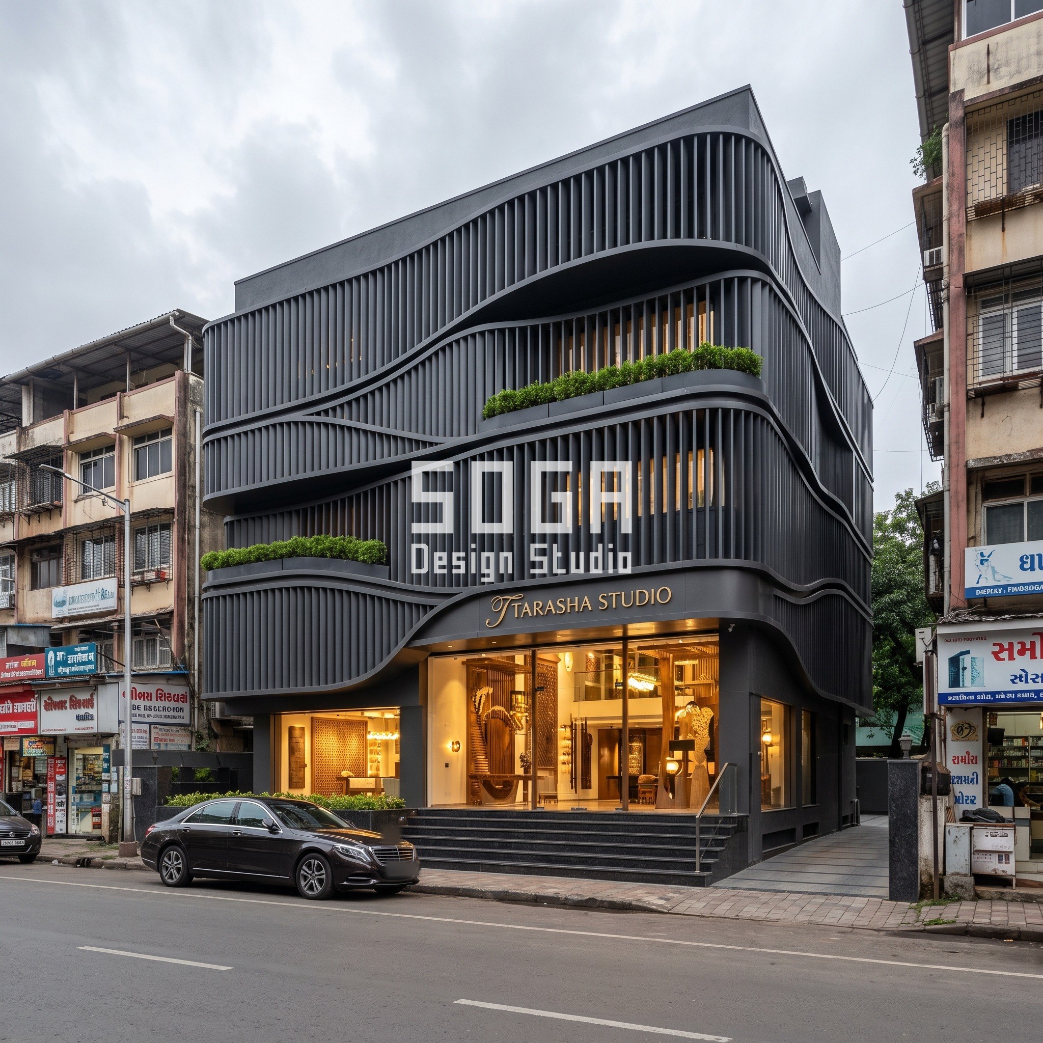 Furniture & Home Decor Showroom Facade Design India 4 Tarasha Studio artisan lighting flagship facade, Mumbai - carved crescent louver facade by SOGA Design Studio