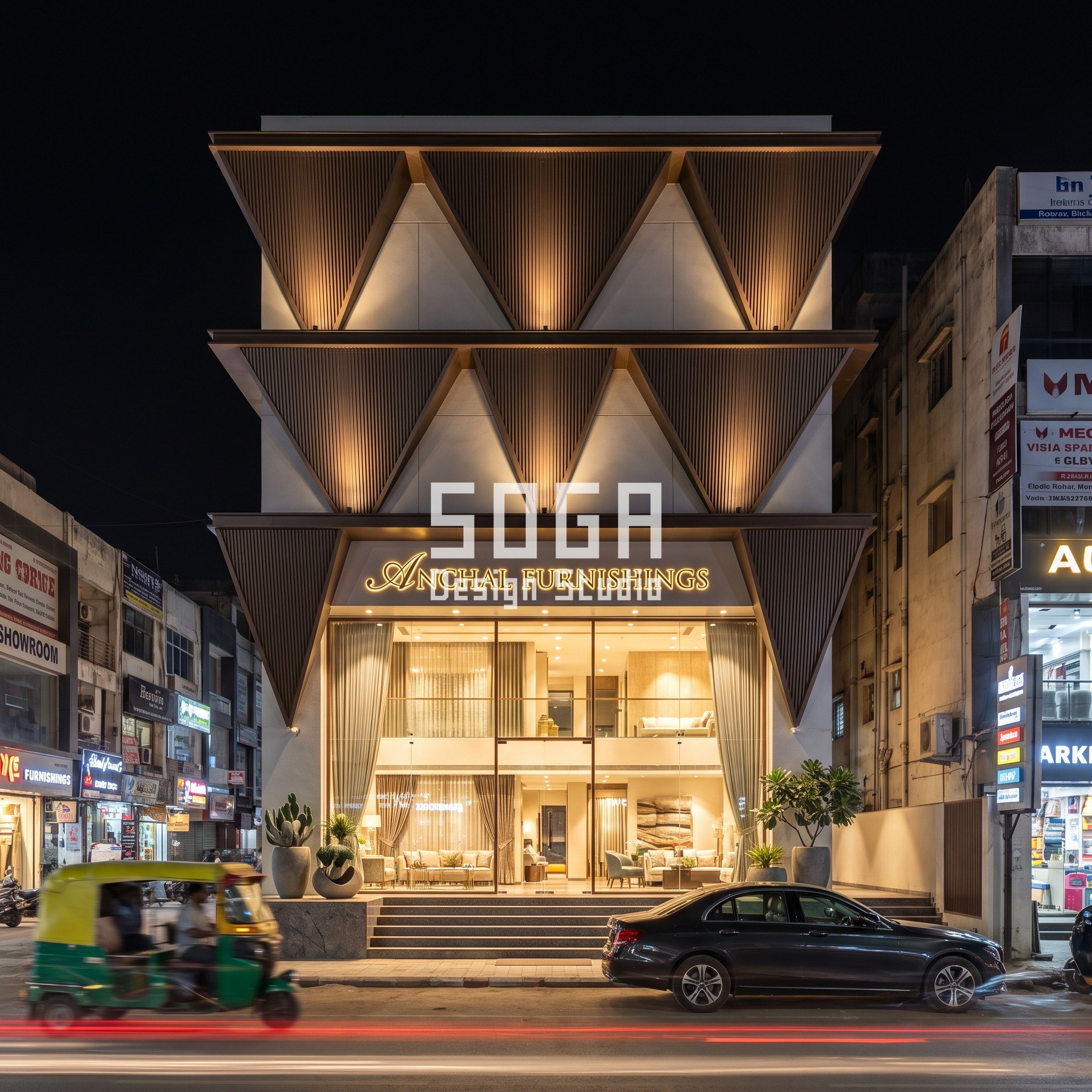 Furniture & Home Decor Showroom Facade Design India 3 Anchal Furnishings curtain and soft-furnishings flagship facade, Ahmedabad - bronze pelmet drape facade by SOGA Design Studio