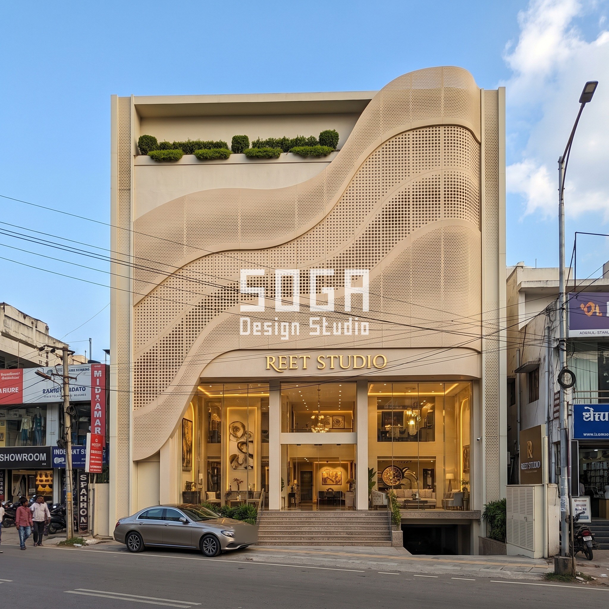 Furniture & Home Decor Showroom Facade Design India 2 Reet Studio home decor flagship facade, Bengaluru - graded perforated pattern skin by SOGA Design Studio