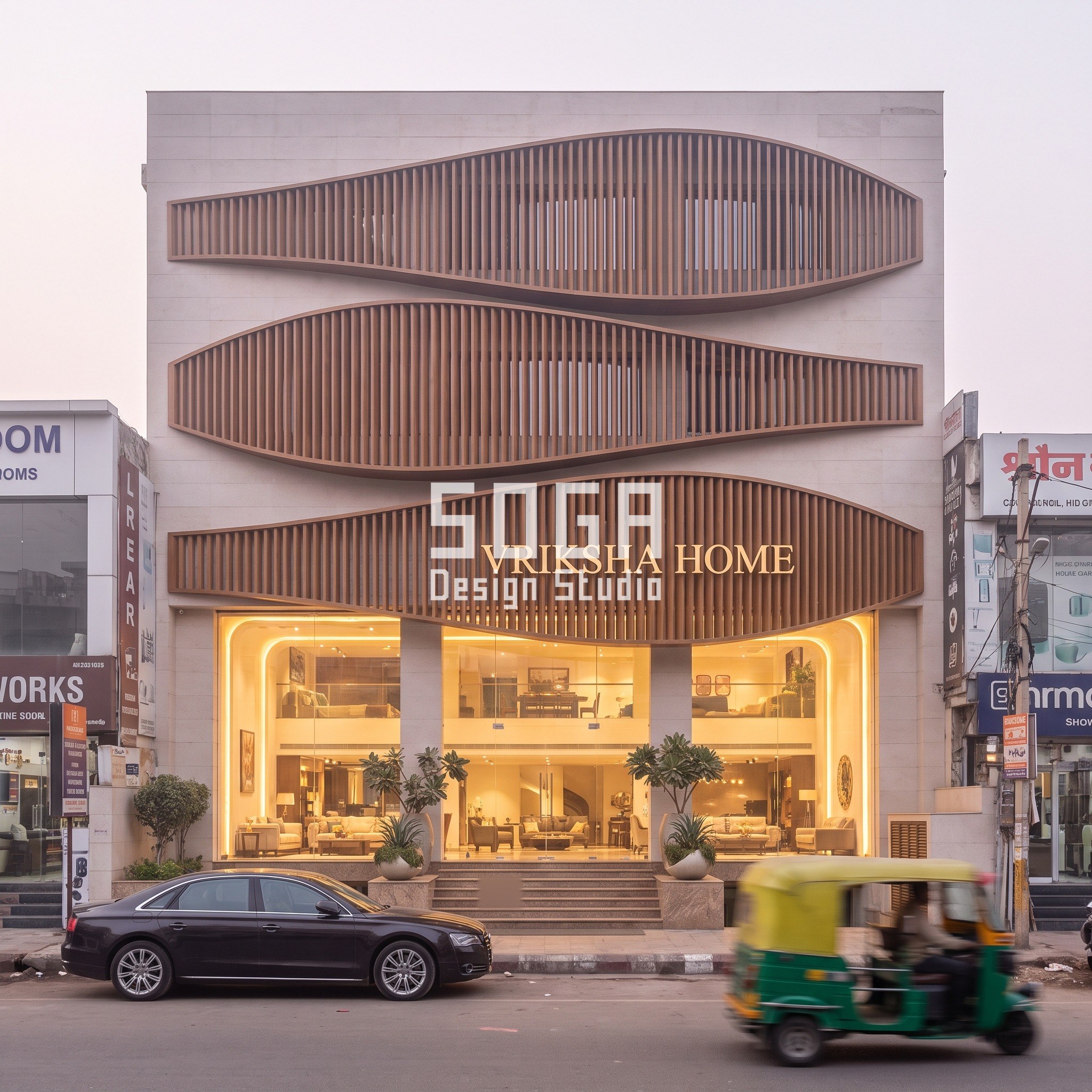 Vriksha Home furniture flagship facade, Jaipur - teak wood-finish ribbon fascia by SOGA Design Studio