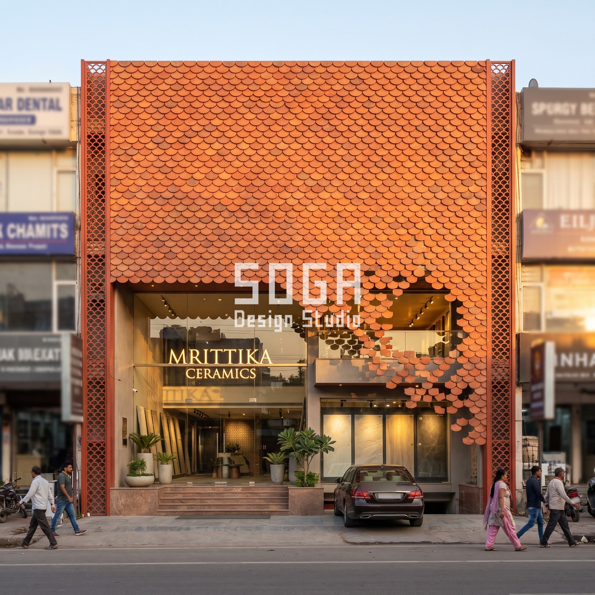 Furniture & Home Decor Showroom Facade Design India 5 Mrittika Ceramics tile flagship facade, Gurugram - dissolving terracotta scale facade by SOGA Design Studio