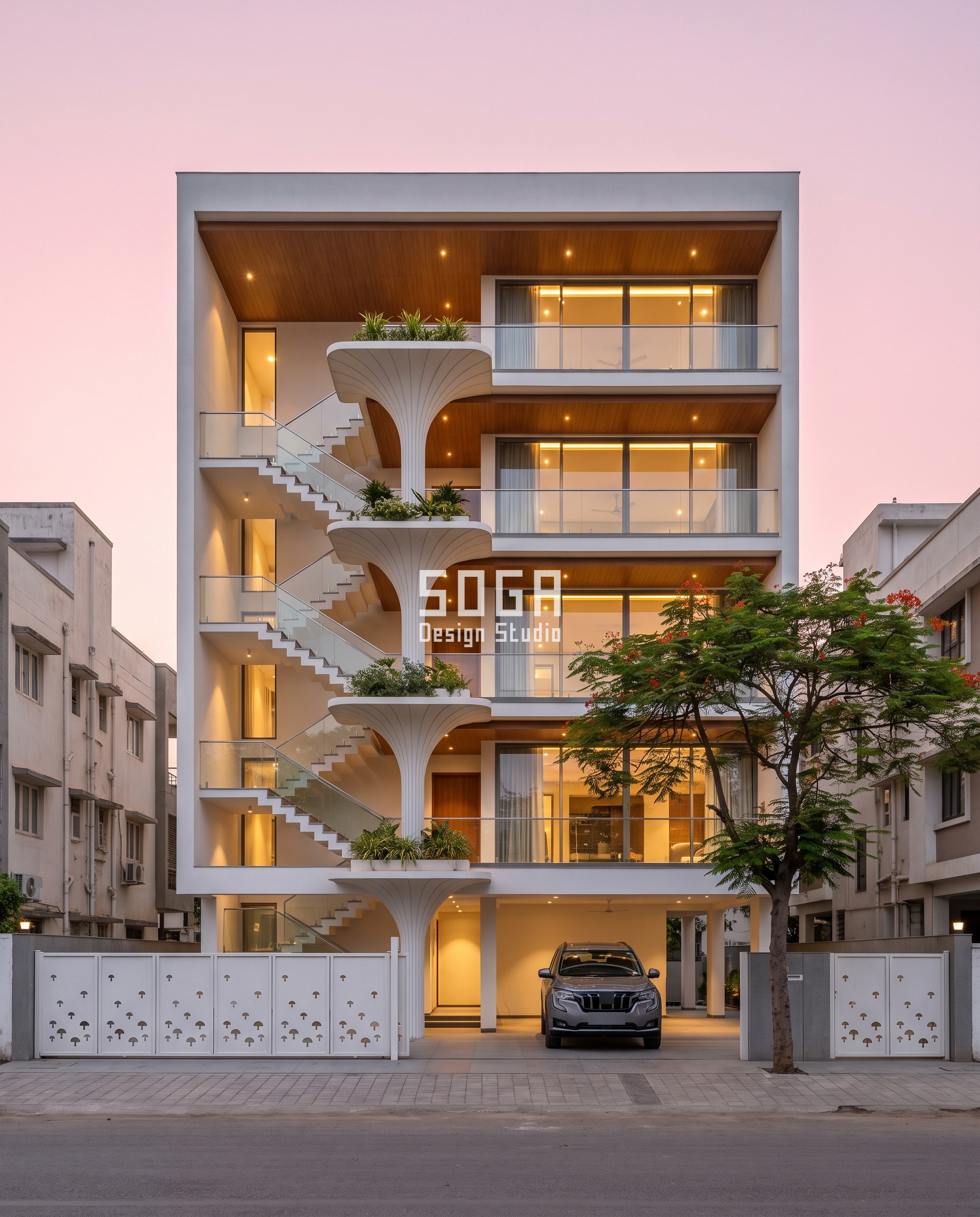 Staircase Elevation Design: Light Low, Vent The Mumty 2 Ahmedabad staircase elevation design at dusk, white GFRC tree columns with ribbed canopies carrying each landing of an open stair on the left of the facade