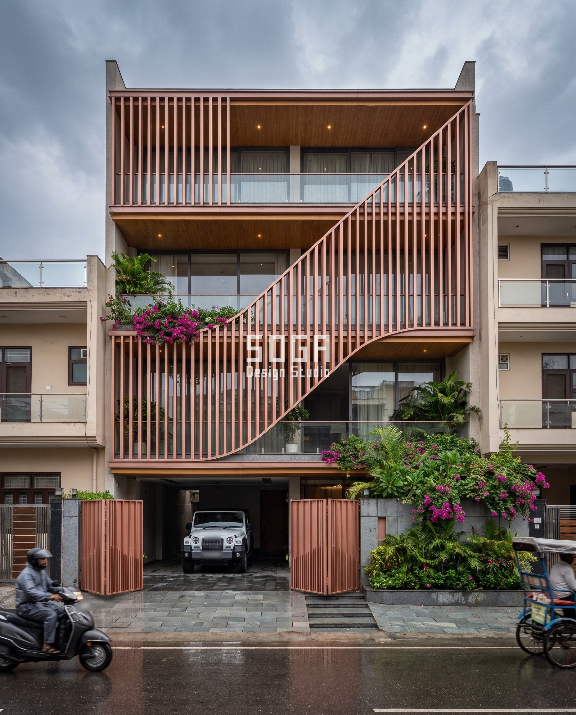 Unique House Elevation Design: Keep the Slat, Move the Line 1 Unique house elevation design in Lucknow: rose-copper vertical louvers on a G+3 builder floor run full height above one diagonal S-curve and stop exactly on it below, cutting a sweeping reveal across three floors on a wet monsoon street.