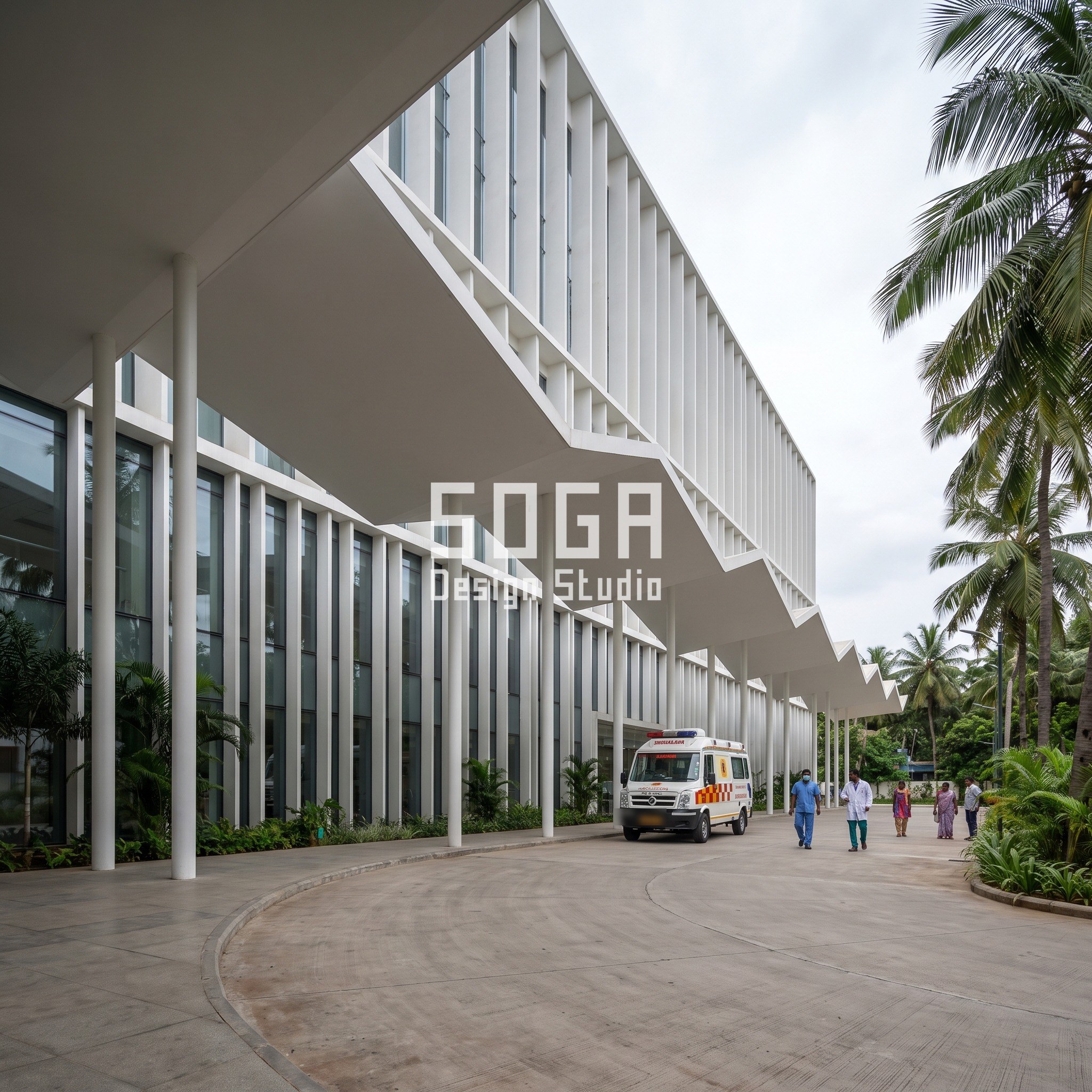 Hospital Facade Design India: Five Rule-Built Concepts 5 Hospital in Chennai with a folded ambulance canopy and a matching fin gradient on the tower above - SOGA concept