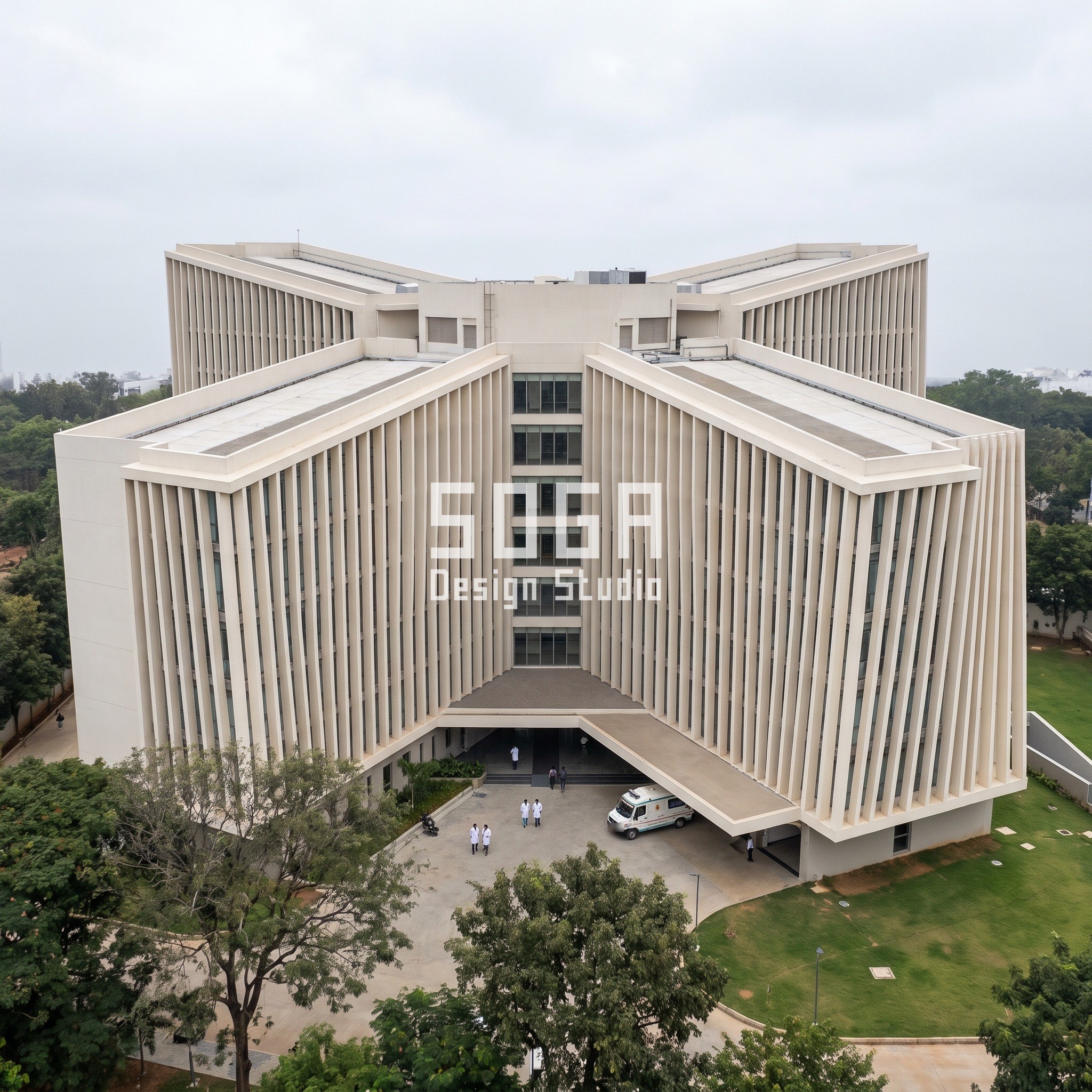 Hospital Facade Design India: Five Rule-Built Concepts 5 Hospital facade Bengaluru with three ward wings fanning from a nursing core, fins twisting 0 to 35 degrees - SOGA concept