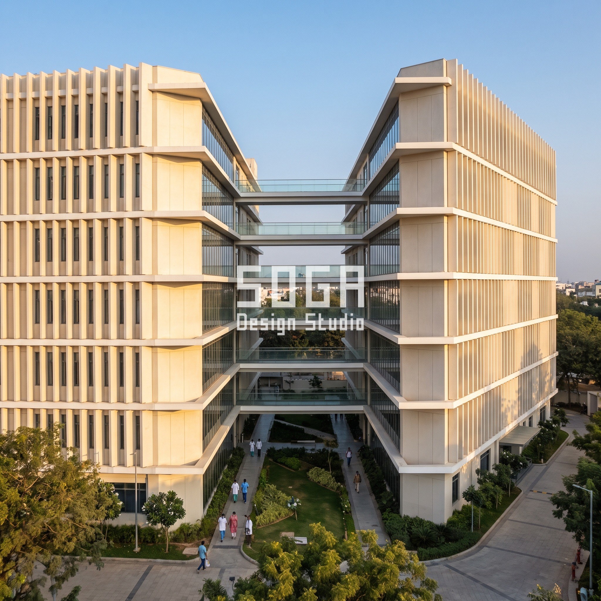 Hospital Facade Design India: Five Rule-Built Concepts 3 Hospital in Hyderabad with two ward bars split by a daylight gap, outer fin depth grading 200 to 600 mm - SOGA concept