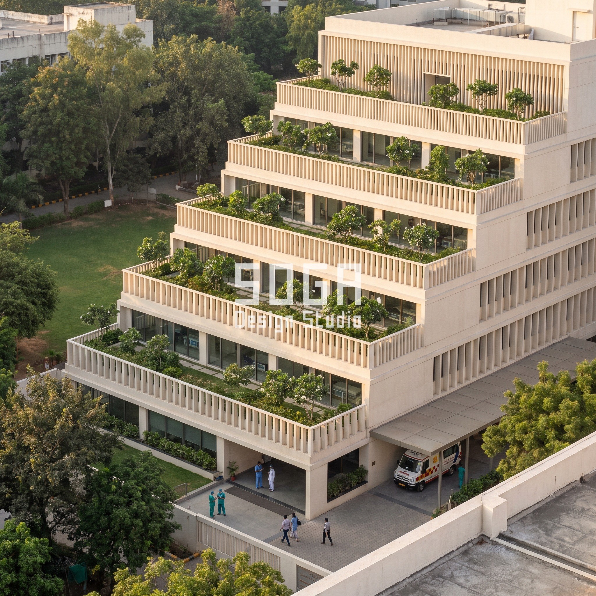 Hospital Facade Design India: Five Rule-Built Concepts 4 Hospital ward building Pune with six planted terraces and fin balustrades densifying 300 to 150 mm - SOGA concept