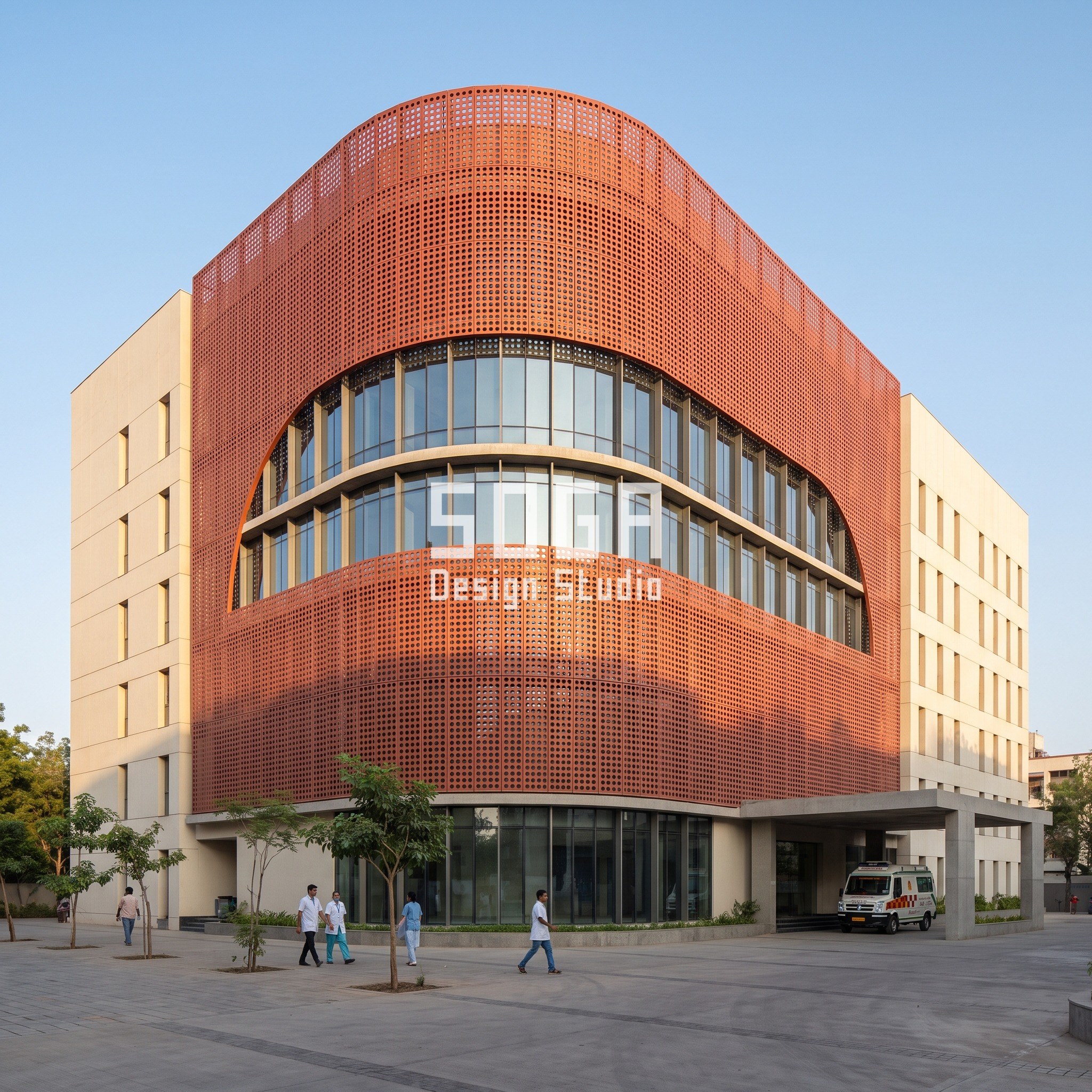 Hospital Facade Design India: Five Rule-Built Concepts 2 Hospital ward tower Ahmedabad with a perforated screen wrapping a curved corner, graded 15 to 45 percent open - SOGA concept