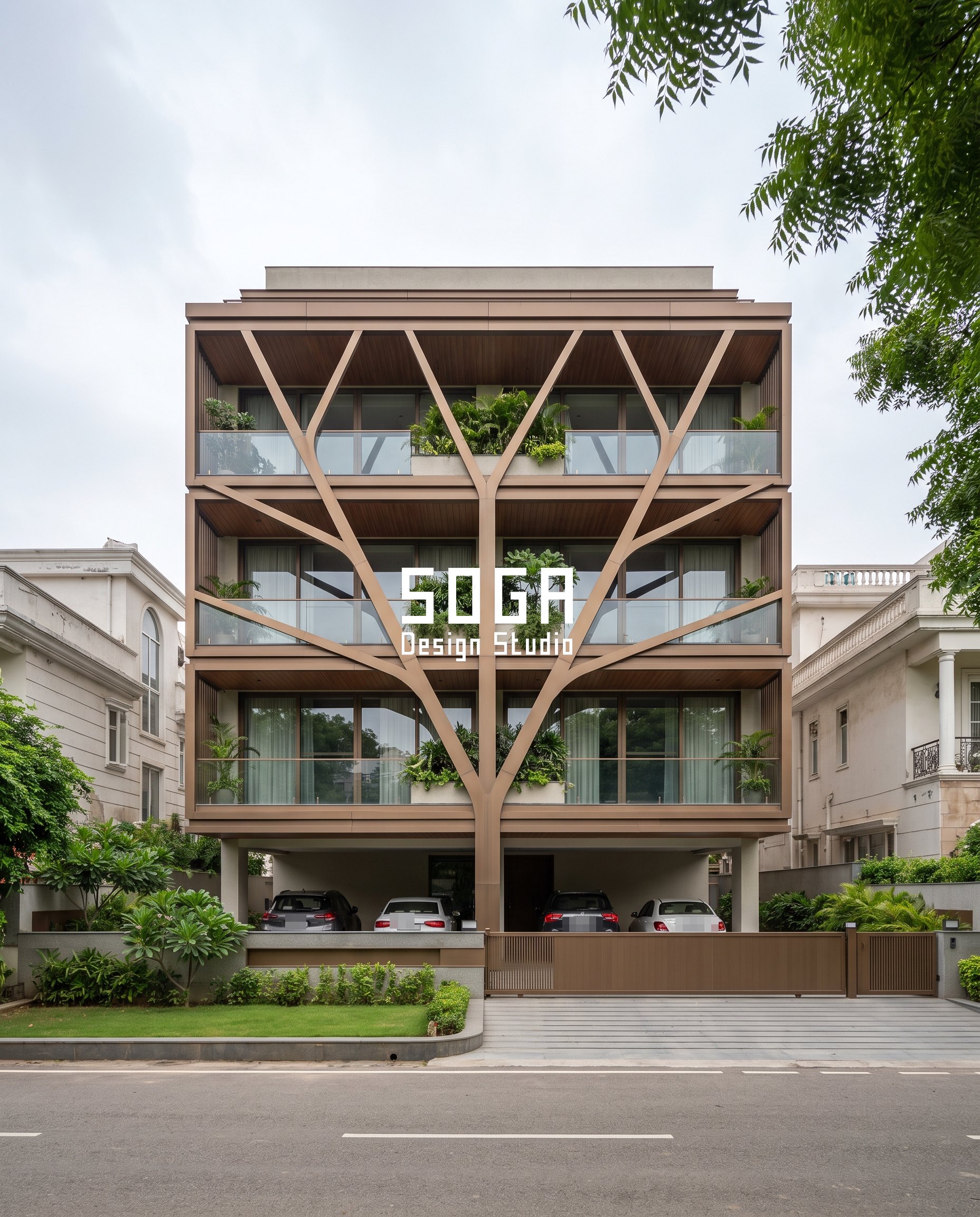 House Elevation Design With Plants: The Planter Detail 3 House elevation design with plants in Coimbatore: a branching timber-finish frame whose junctions carry planted shelves