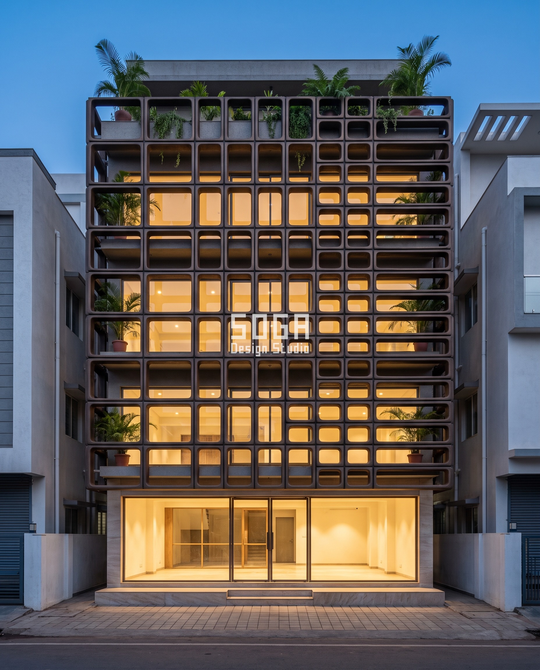 House Elevation Without Painting: 5 Self-Finished Systems 2 Belagavi showroom in a bronze-anodised sand-cast aluminium veil whose open cells morph from 600 mm squares at one end to flat 600 by 188 mm slots at the other - a house elevation without painting, the colour grown into the metal.