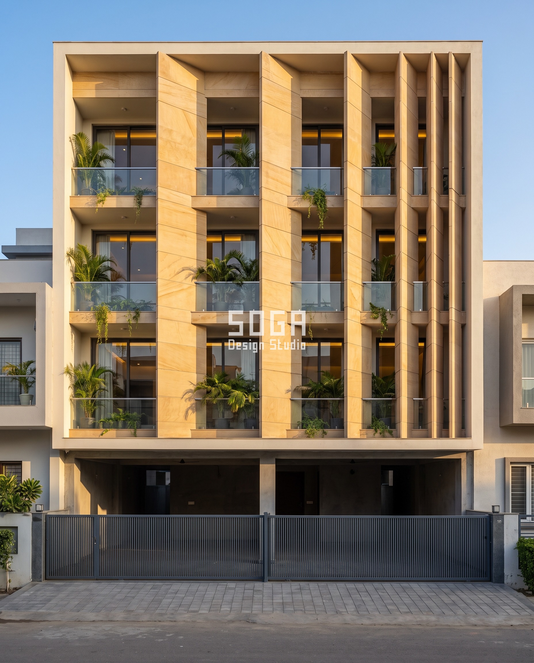House Elevation Without Painting: 5 Self-Finished Systems 5 Bhilwara house elevation without painting clad in honey-buff honed Dholpur sandstone, folded into facets that tighten from 1800 mm planes at the left corner to 600 mm pleats at the right.