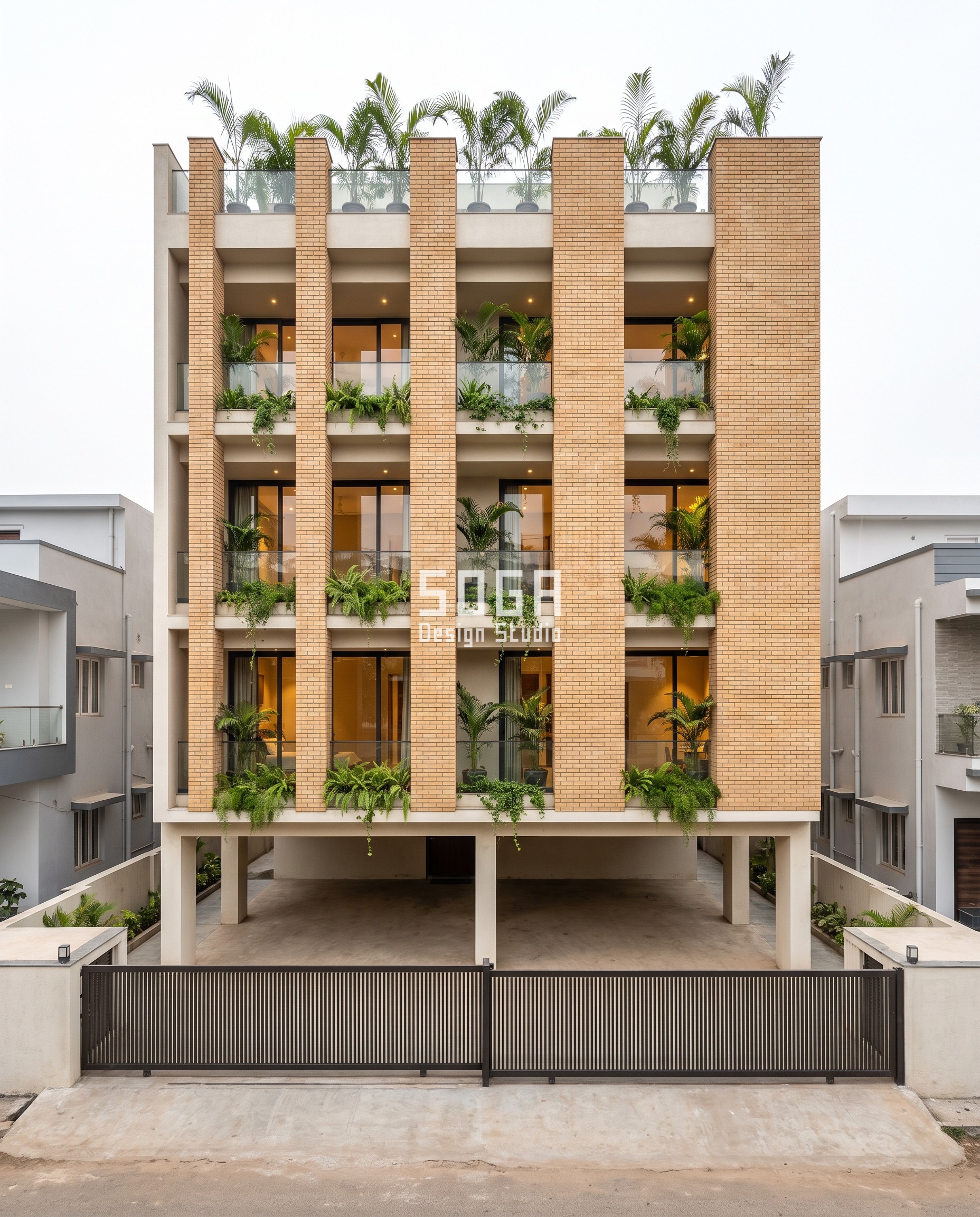 House Elevation Without Painting: 5 Self-Finished Systems 3 Rourkela house elevation without painting built from fair-faced sand-gold long-format brick piers that widen from 350 mm to 900 mm across five piers, each pier carrying its own 600 mm strip footing.