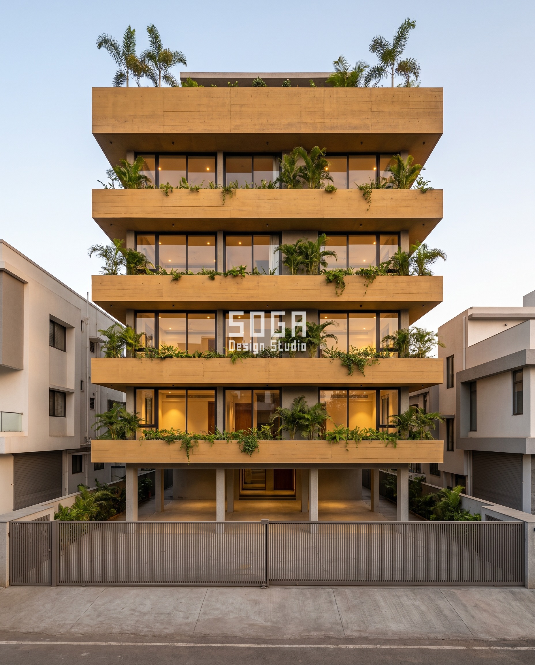 House Elevation Without Painting: 5 Self-Finished Systems 1 Nashik house elevation without painting: ochre board-formed in-situ concrete slab-edge bands deepen from a 350 mm ribbon at the first floor to a 900 mm beam at the parapet, every band projecting the same 450 mm so only the height changes.