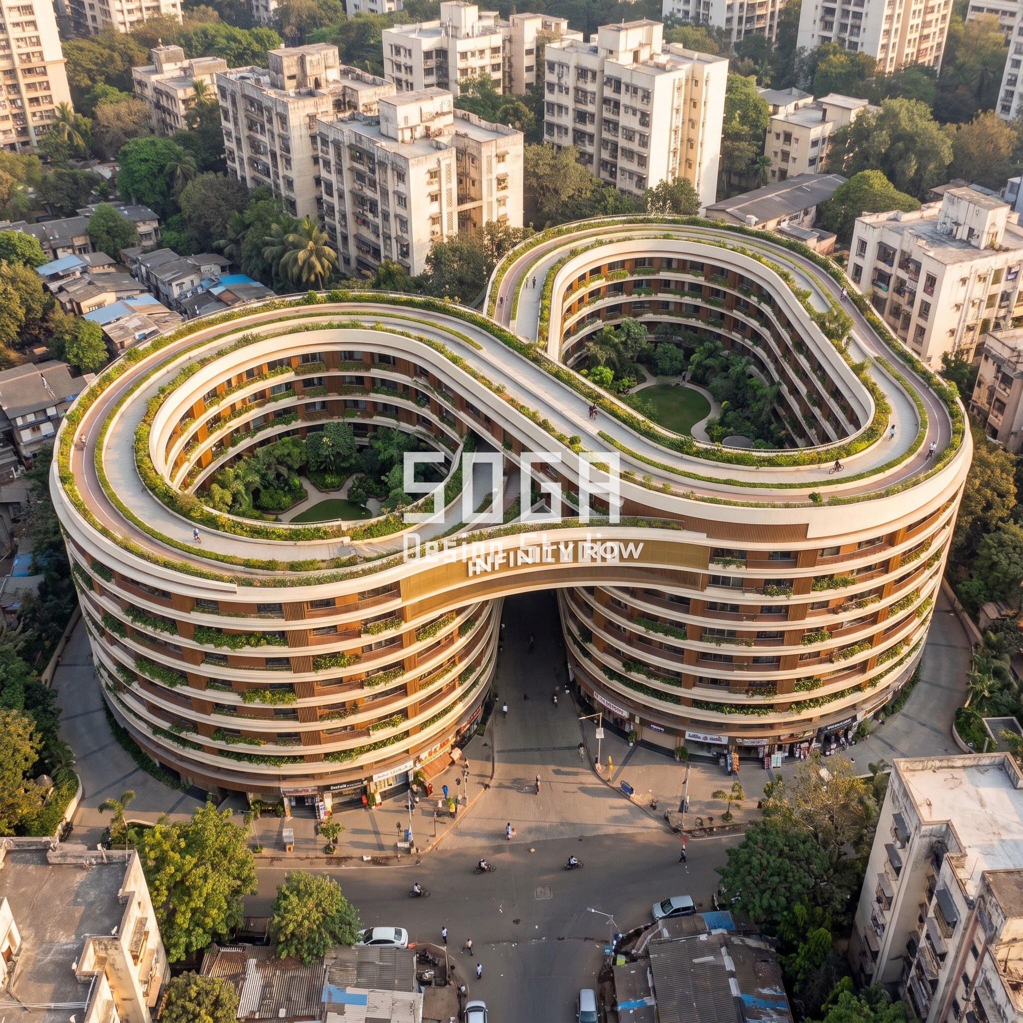 Housing Over Shops Facade Design India: The 1.5 m Seam 2 Infinity Row concept in Mumbai (Chembur): a nine-storey housing ribbon in a figure-eight plan around two courtyards, lifting into a 9 m arch over a shop street, with a planted 1 in 20 roof ramp