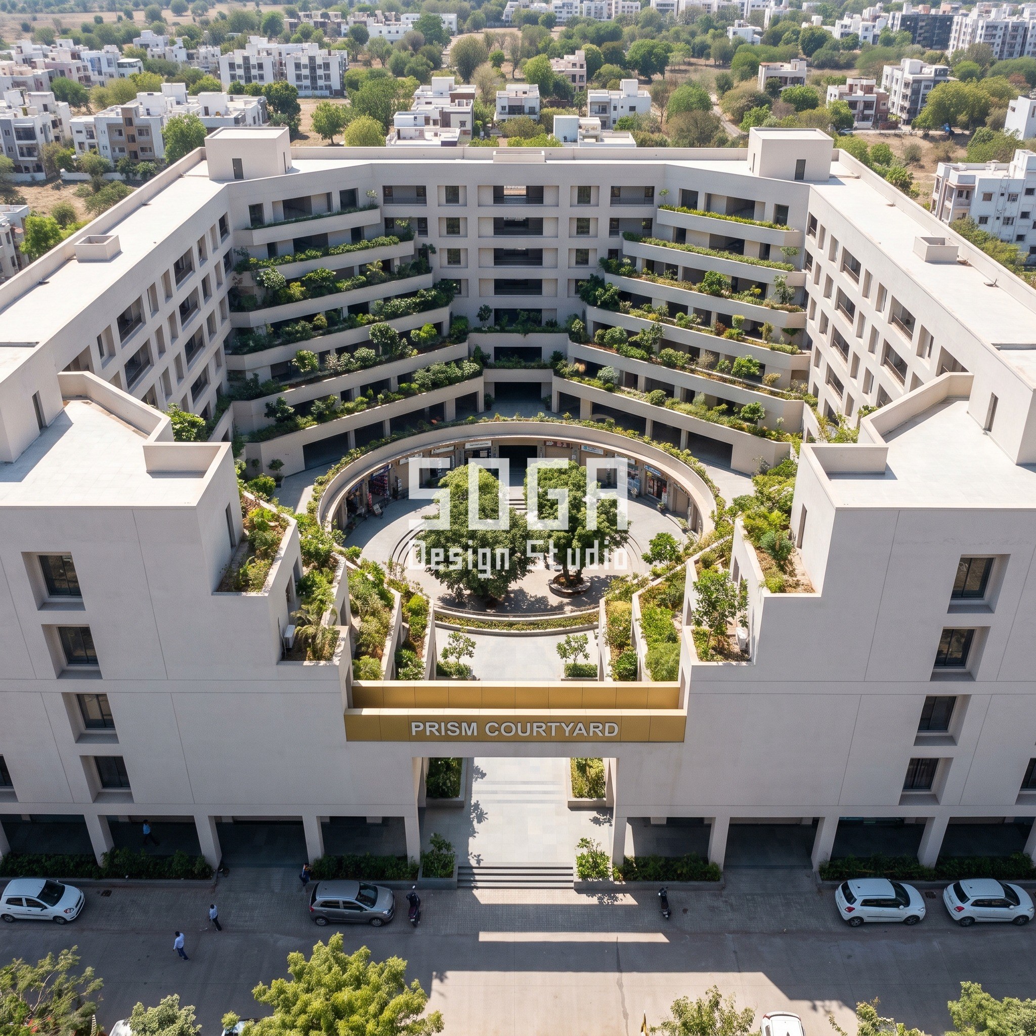Housing Over Shops Facade Design India: The 1.5 m Seam 4 Prism Courtyard concept in Indore: an 80 m square housing block stepping from eight storeys outside to four storeys inside, its courtyard cut as an inverted pyramid of planted terraces