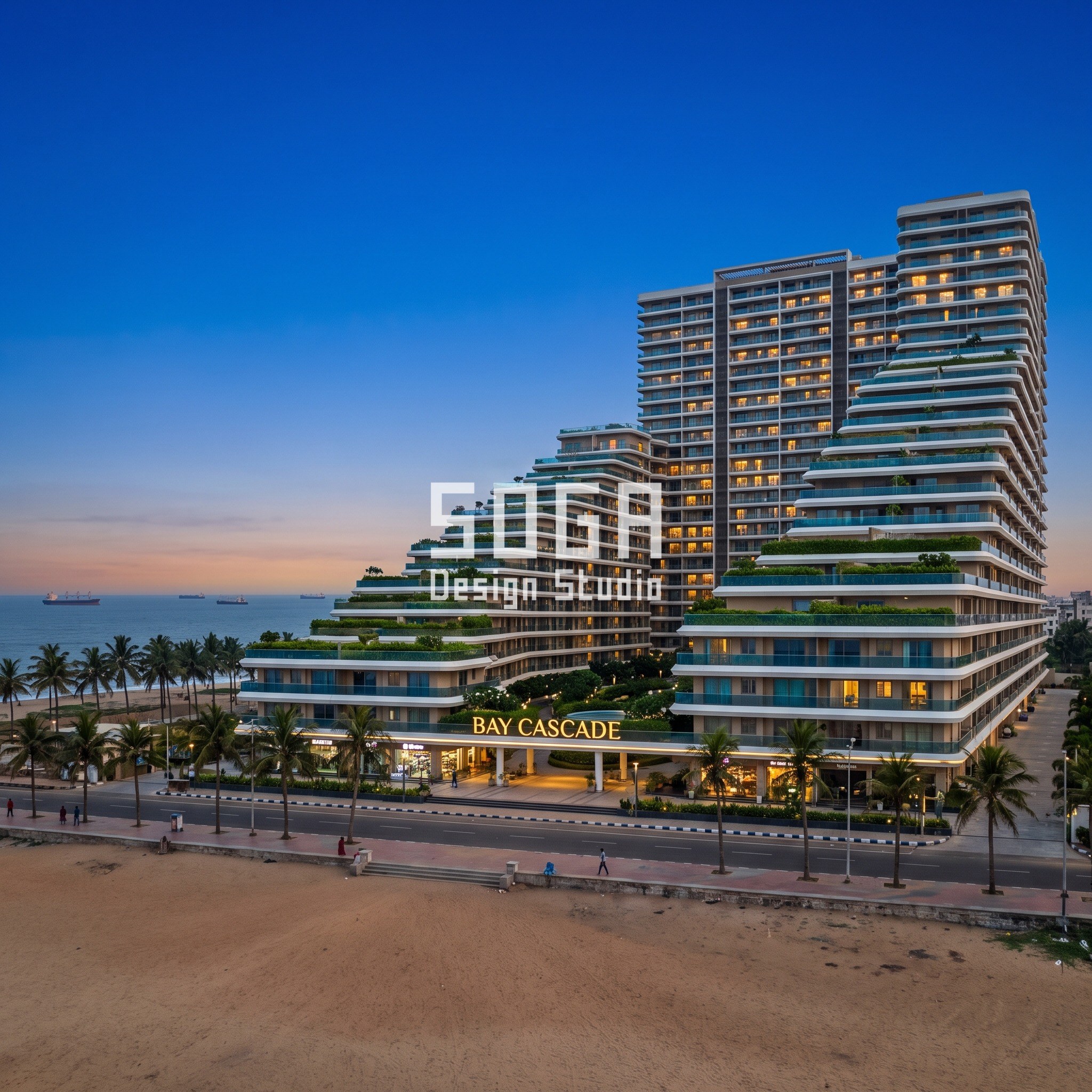 Housing Over Shops Facade Design India: The 1.5 m Seam 5 Bay Cascade concept in Visakhapatnam at blue hour: a housing hill stepping down 28 to 4 storeys toward the beach, terrace setbacks growing from 0.5 m to 4 m along a curve over a promenade of shops