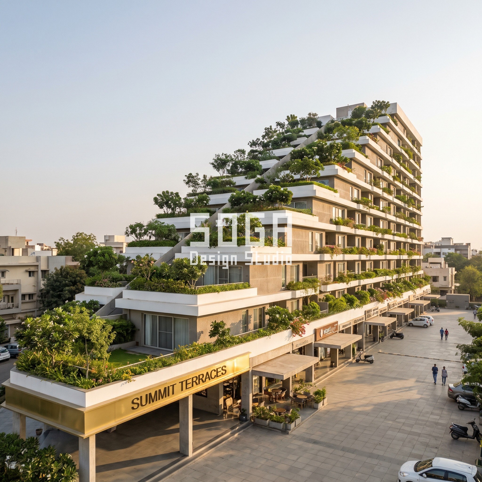 Housing Over Shops Facade Design India: The 1.5 m Seam 3 Summit Terraces concept in Indore: a 22 degree terraced hillside of housing rising from 3 to 10 storeys, terrace depth growing from 2 m to 6 m, over a shop arcade
