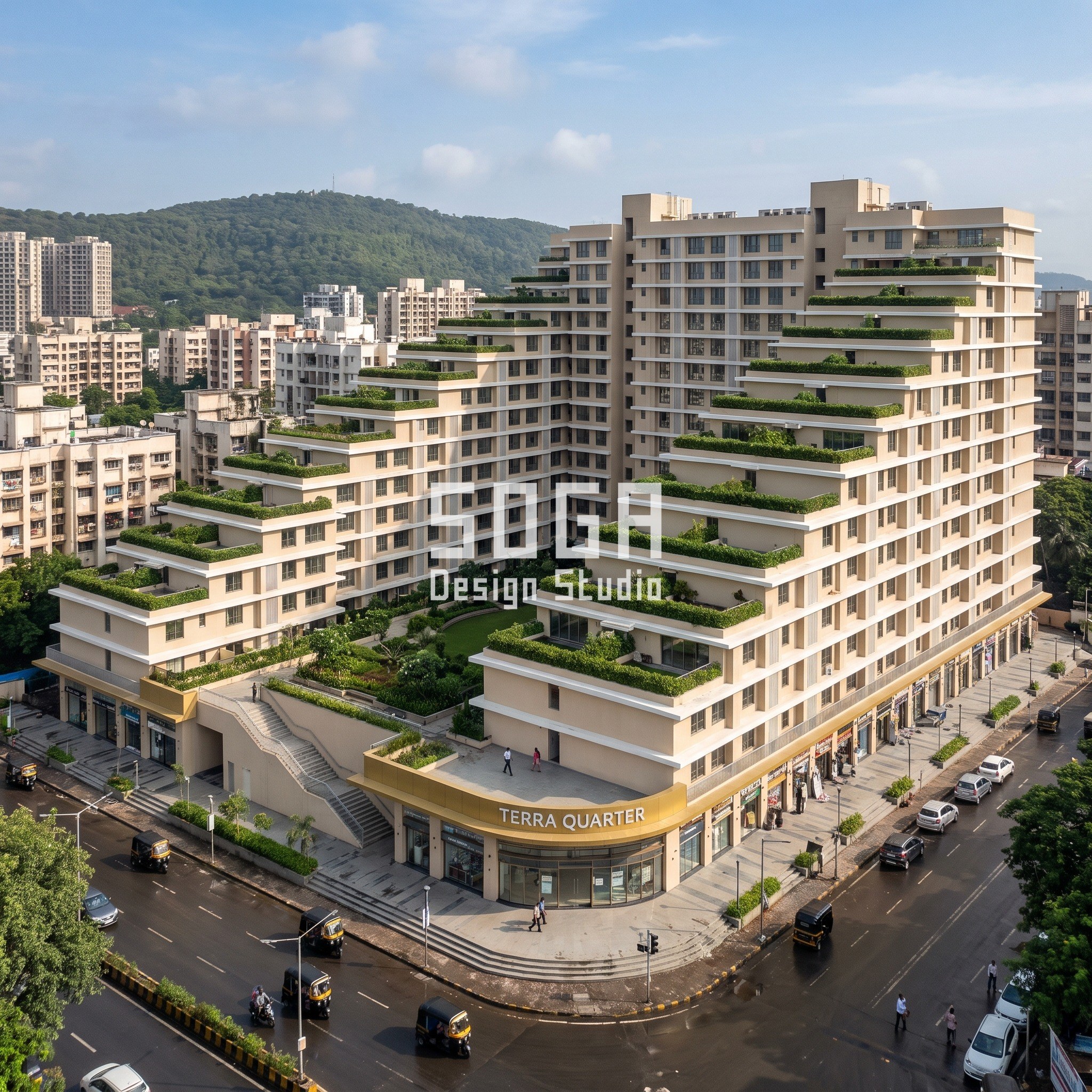 Housing Over Shops Facade Design India: The 1.5 m Seam 1 Terra Quarter concept in Mumbai (Powai): a perimeter courtyard block rising from 4 to 22 storeys as one tilted ramp of planted terraces, with shops at ground and a public stair into a raised garden
