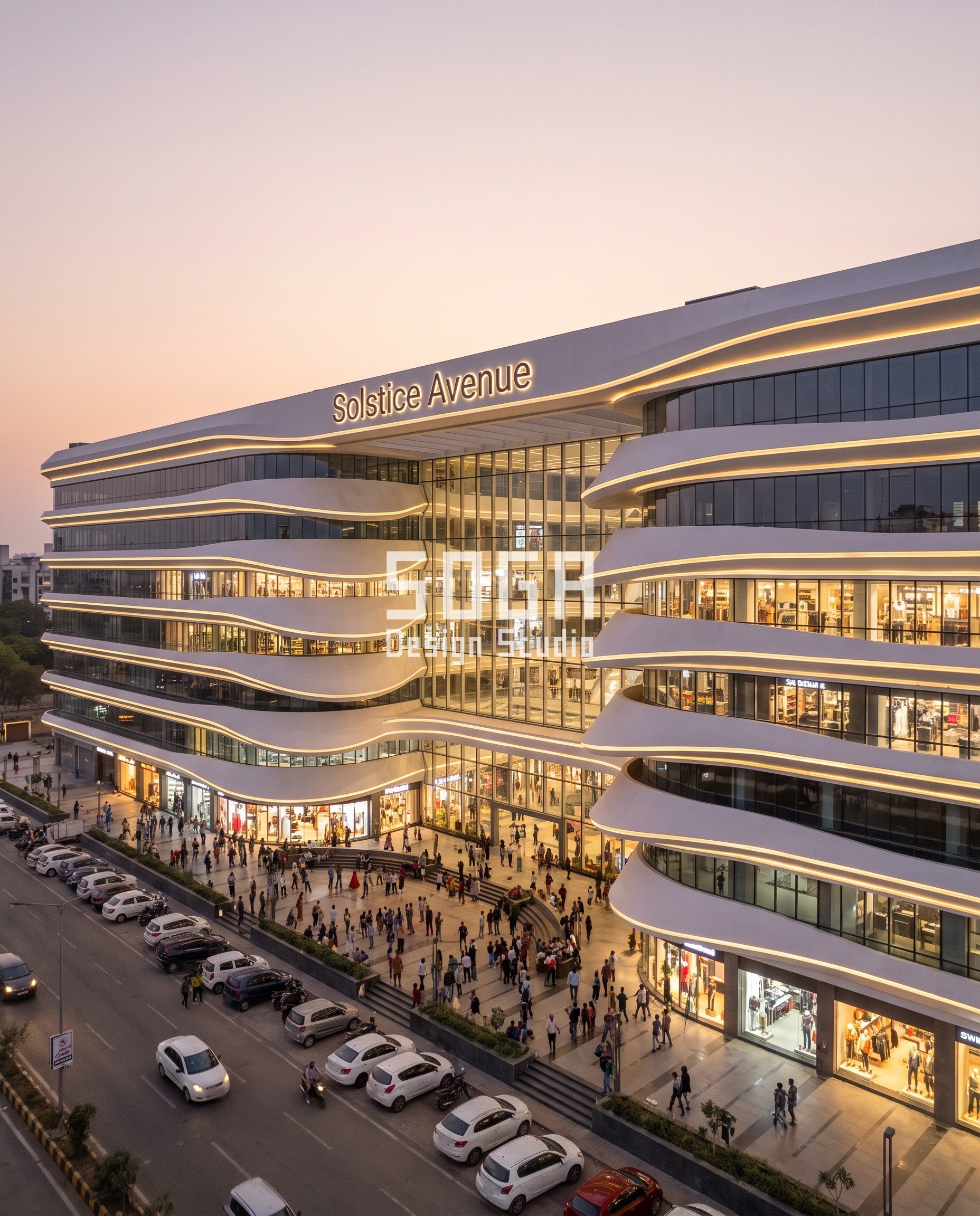 Instagrammable Facade Design India: 6 Retail Concepts 2 Solstice Avenue shopping mall, Ahmedabad - white GFRC ribbon facade concept, aerial dusk view by SOGA Design Studio