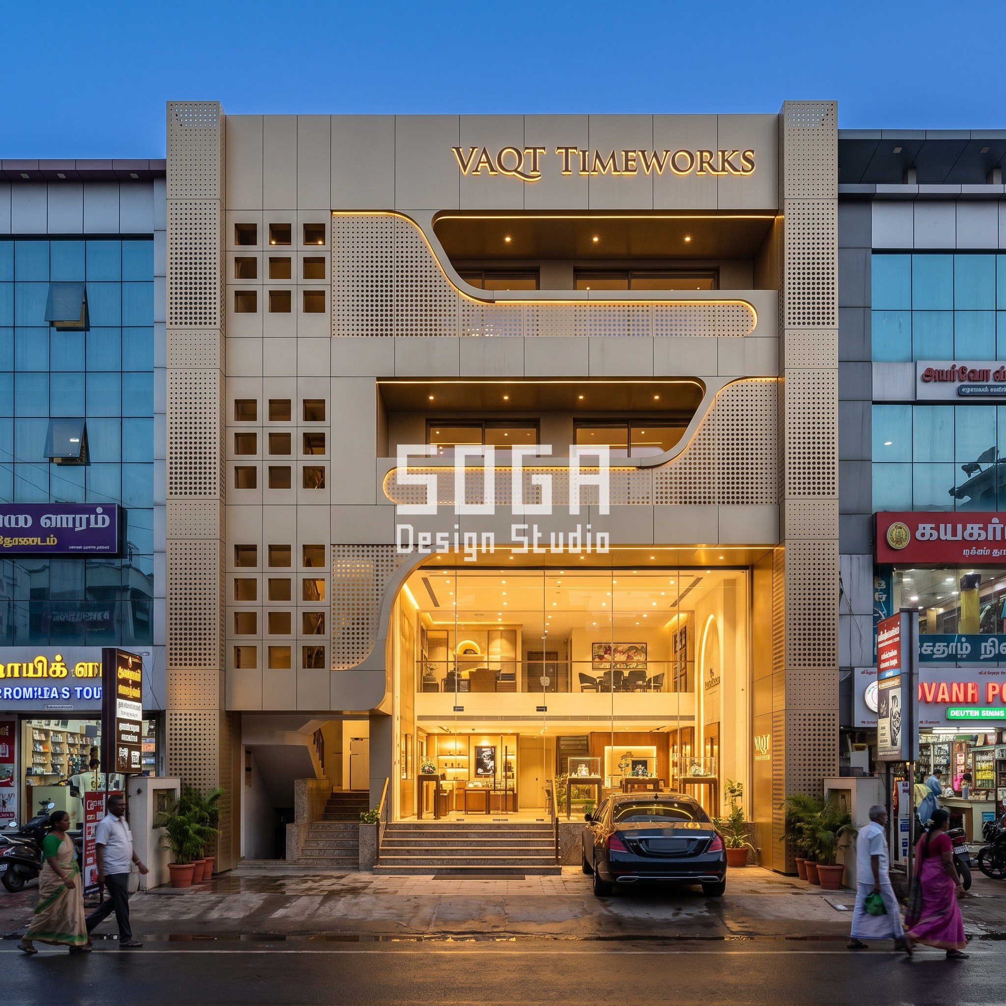 Instagrammable Facade Design India: 6 Retail Concepts 4 Vaqt Timeworks watch flagship, Chennai - champagne PVD stainless monolith facade concept with graded holes at blue hour by SOGA Design Studio