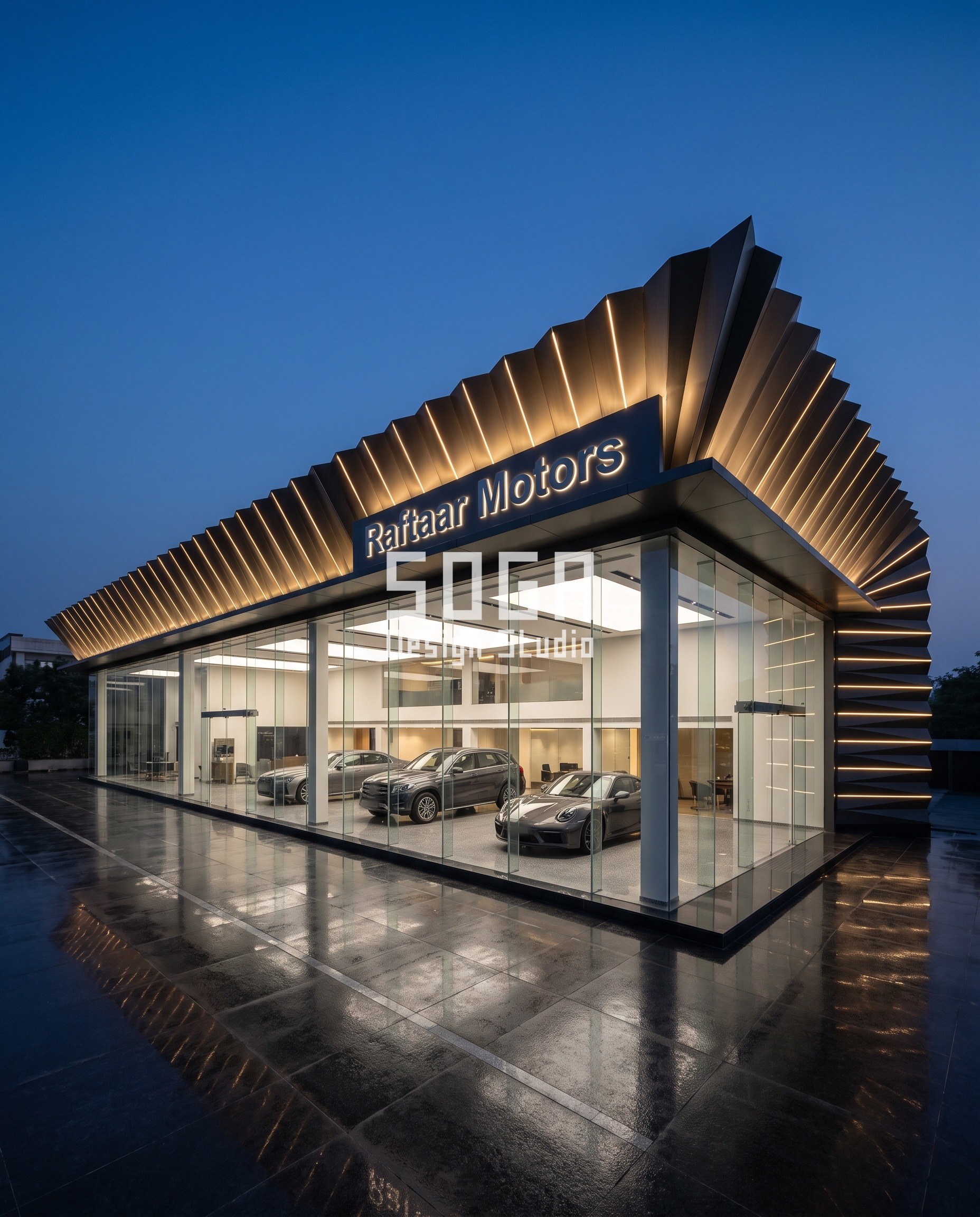 Raftaar Motors car showroom, Gurugram - graphite anodised pleated canopy blade facade concept at night by SOGA Design Studio