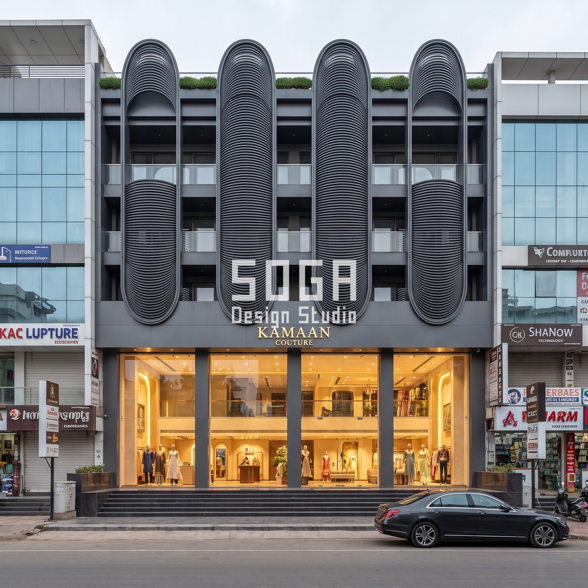 Instagrammable Facade Design India: 6 Retail Concepts 5 Kamaan Couture fashion flagship, Ahmedabad - ribbed charcoal elliptical loop facade concept by SOGA Design Studio