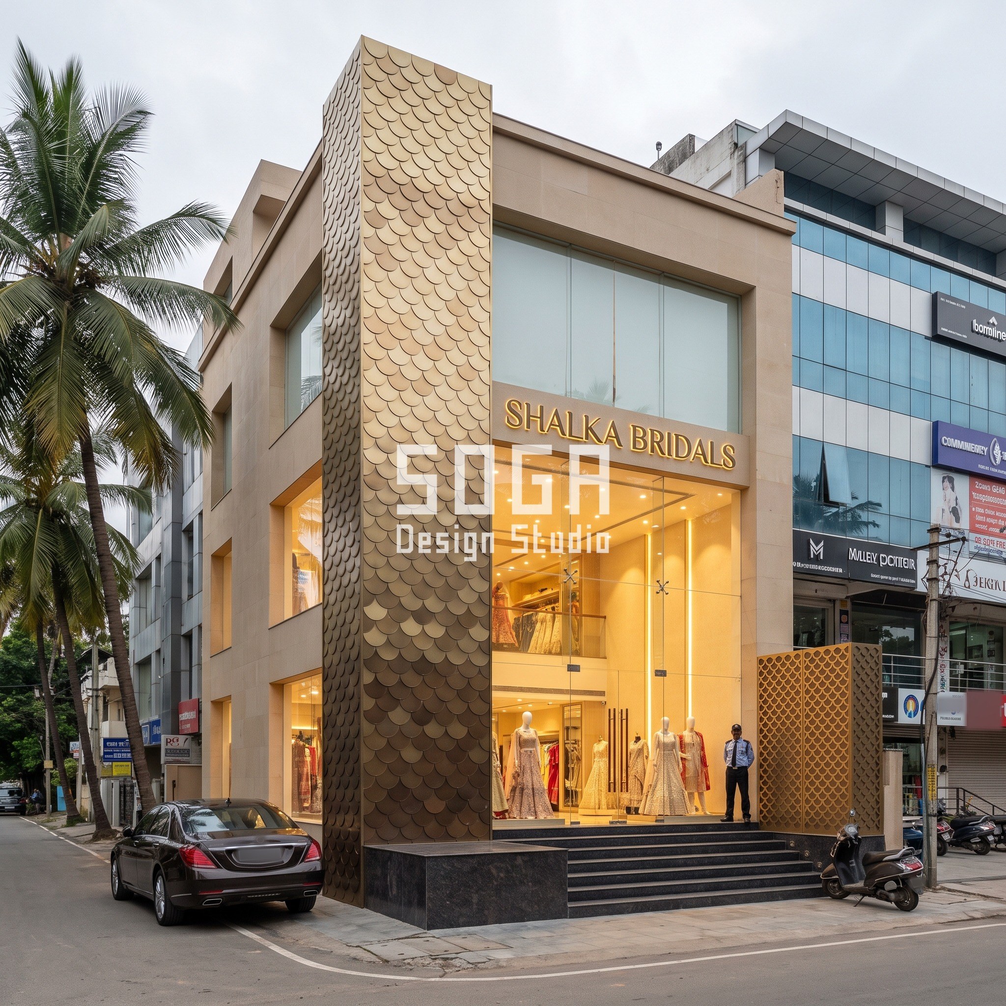 Instagrammable Facade Design India: 6 Retail Concepts 6 Shalka Bridals couture flagship, Bengaluru - champagne PVD fish-scale shingle column facade concept by SOGA Design Studio
