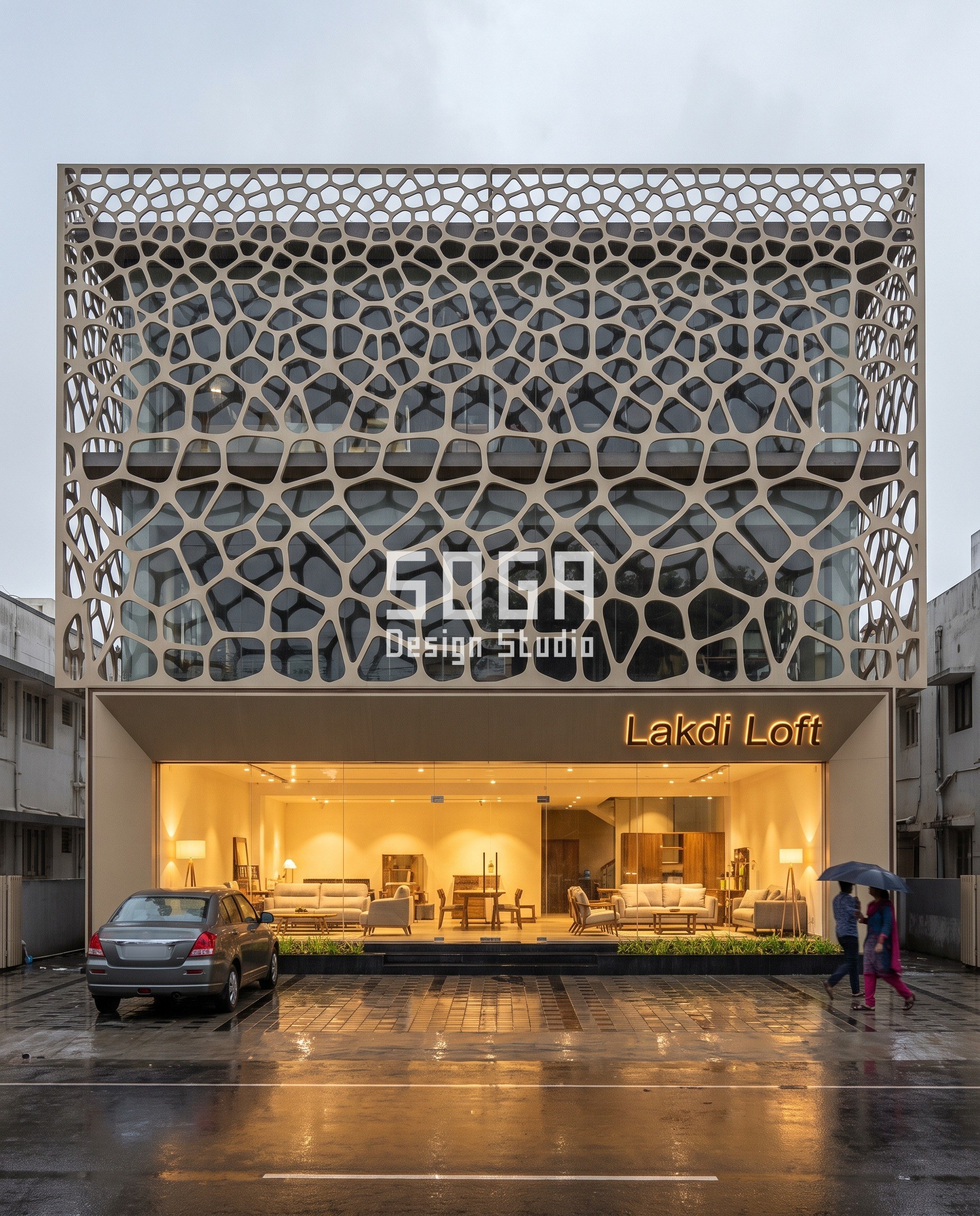 Instagrammable Facade Design India: 6 Retail Concepts 3 Lakdi Loft furniture showroom, Coimbatore - Voronoi powder-coated screen facade concept in monsoon light by SOGA Design Studio