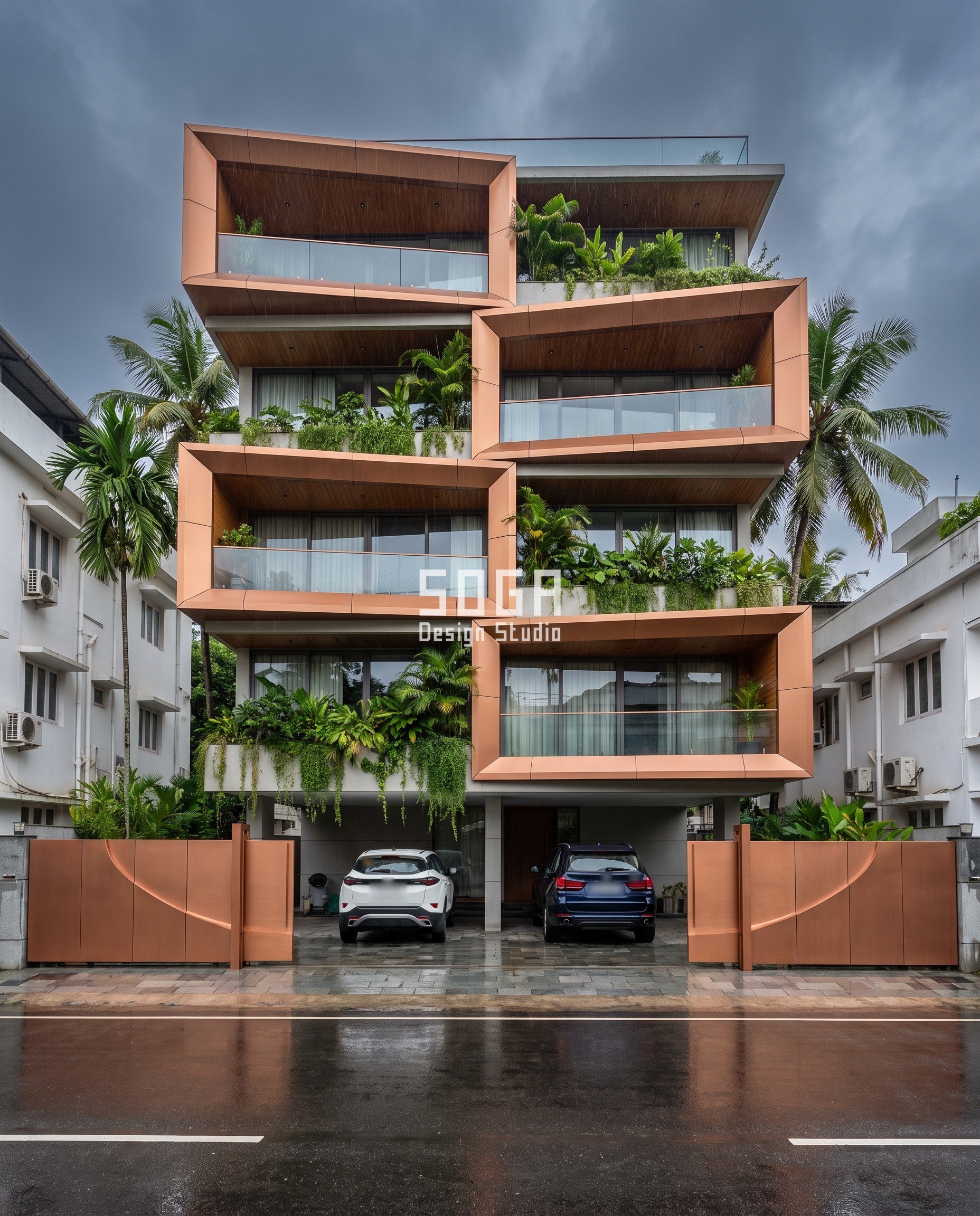 Unique House Elevation Design: Keep the Slat, Move the Line 3 Kochi builder floor elevation with brushed copper-bronze frames: each balcony sits in its own folded four-sided frame tilted a few degrees differently from its neighbour, stacked and interlocking between coconut palms after rain.