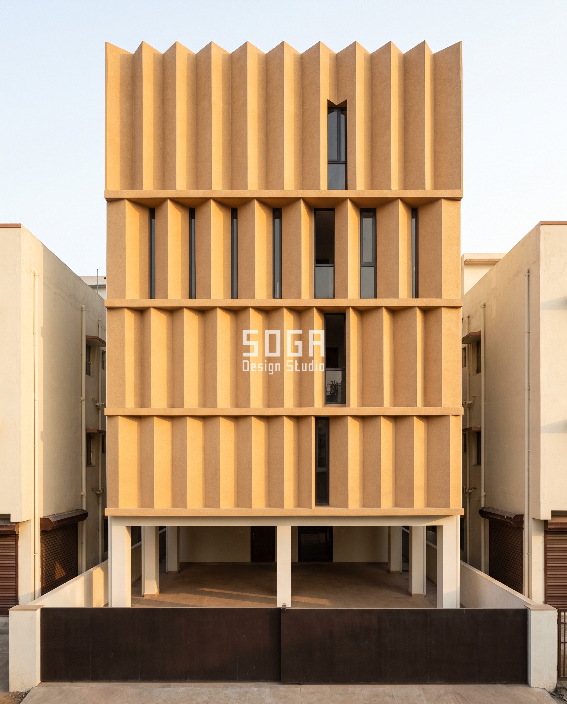Vertical Fins vs Horizontal Louvers: One Blade, Two Axes 3 Folded GRC shading shell instead of separate fins or louvers: SOGA Parametric Knuckle Pleat facade, fold angle 12 to 54 degrees, G+4 house in Dhanbad