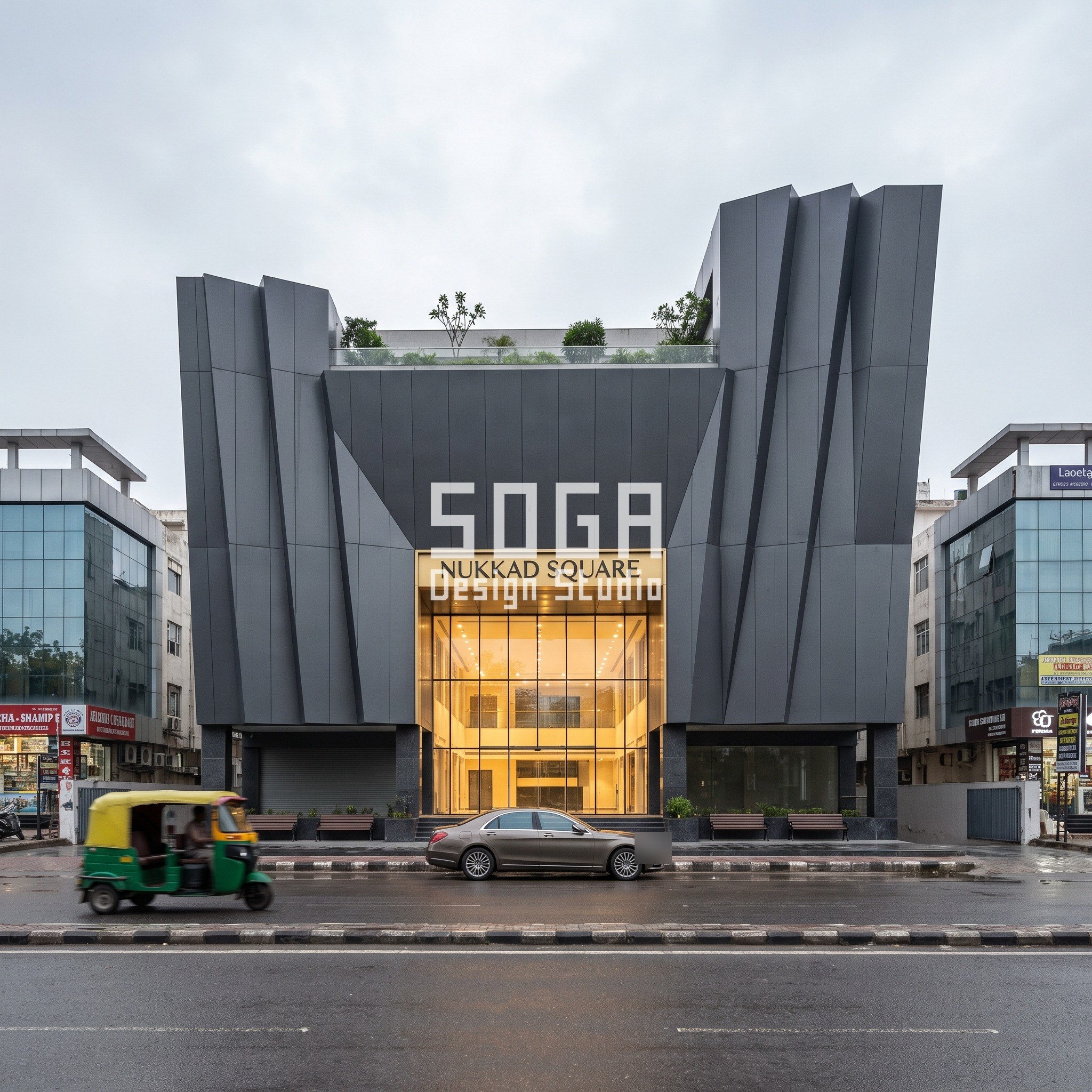 Mall Entrance Facade Design India: 5 Concepts at 80 m 3 Nukkad Square concept in Gurugram: charcoal folded-plate C-frame with facets tilting 4 to 20 degrees wrapping a G+3 neighbourhood shopping mall