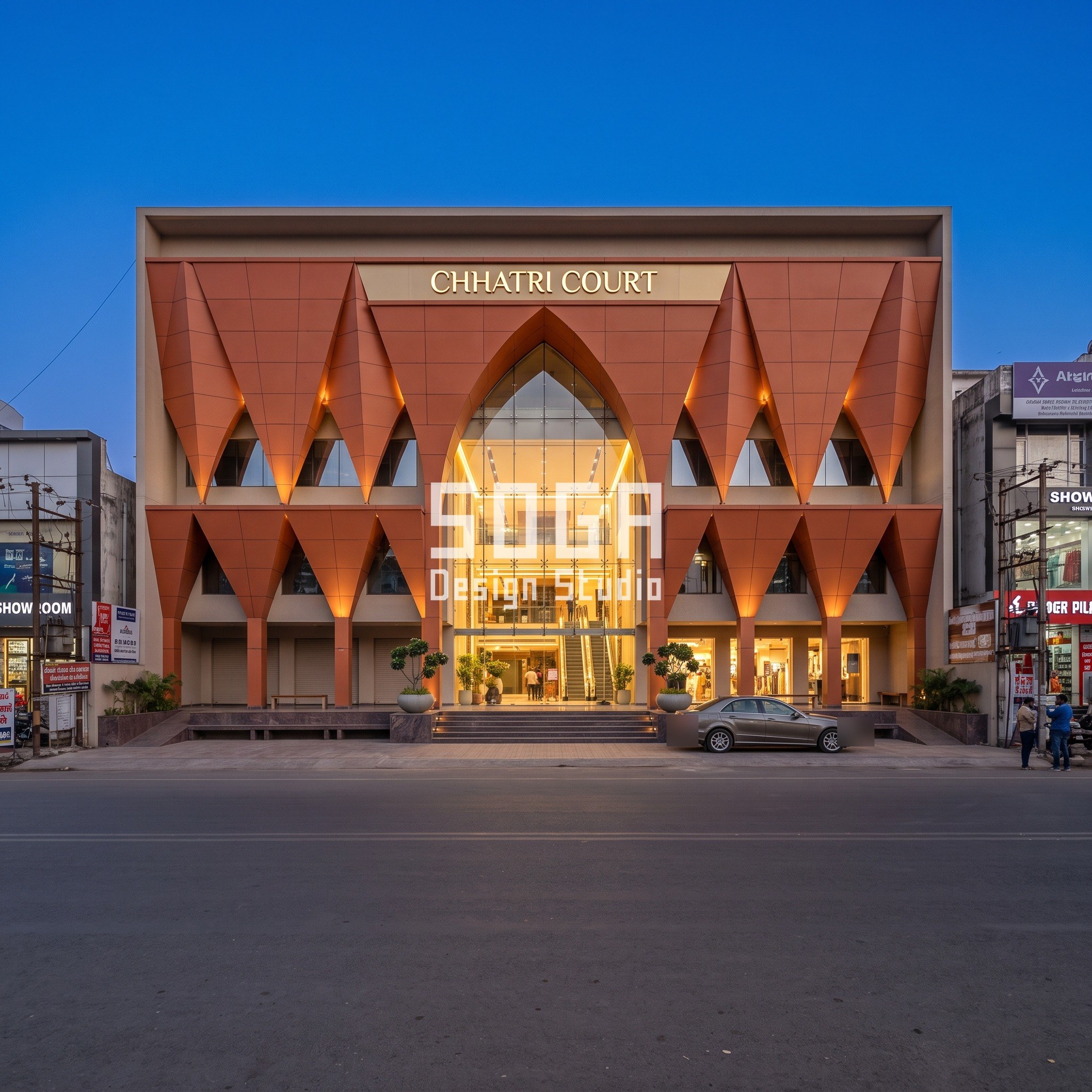 Mall Entrance Facade Design India: 5 Concepts at 80 m 4 Chhatri Court concept in Indore at blue hour: burnt-orange inverted-pyramid vaults opening into 3 m arches over a G+3 shopping mall entrance atrium