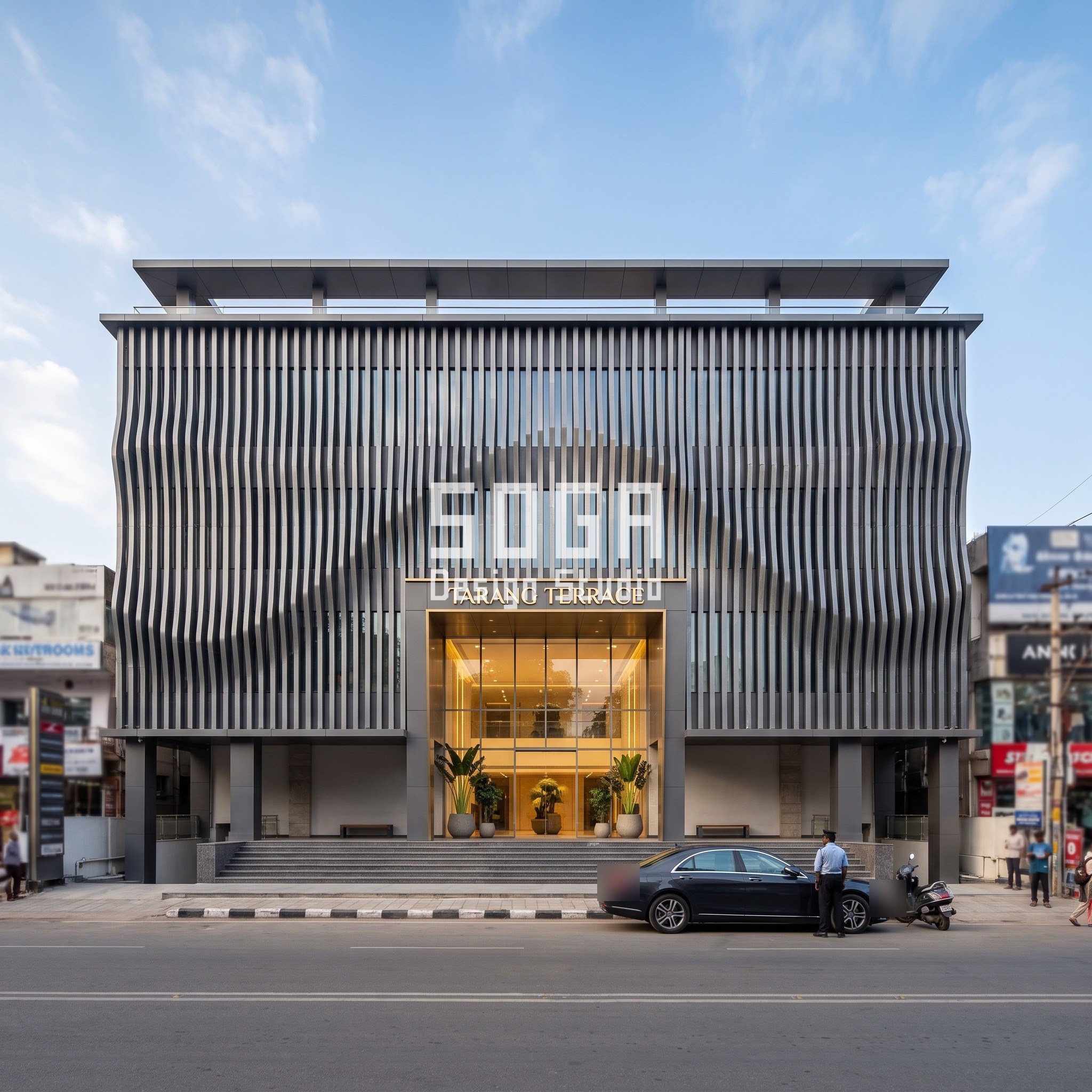 Mall Entrance Facade Design India: 5 Concepts at 80 m 5 Tarang Terrace concept in Bengaluru (Indiranagar): graphite blade fins following a 750 mm amplitude sine wave across a G+4 shopping mall frontage
