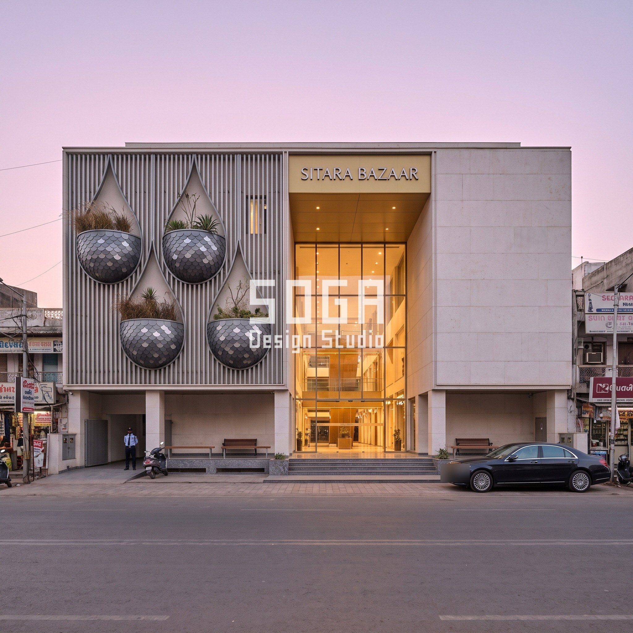 Mall Entrance Facade Design India: 5 Concepts at 80 m 2 Sitara Bazaar concept in Ahmedabad at dusk: four 2 m teardrop planter pods clad in graphite fish-scale shingles on a G+3 open-air lifestyle shopping mall