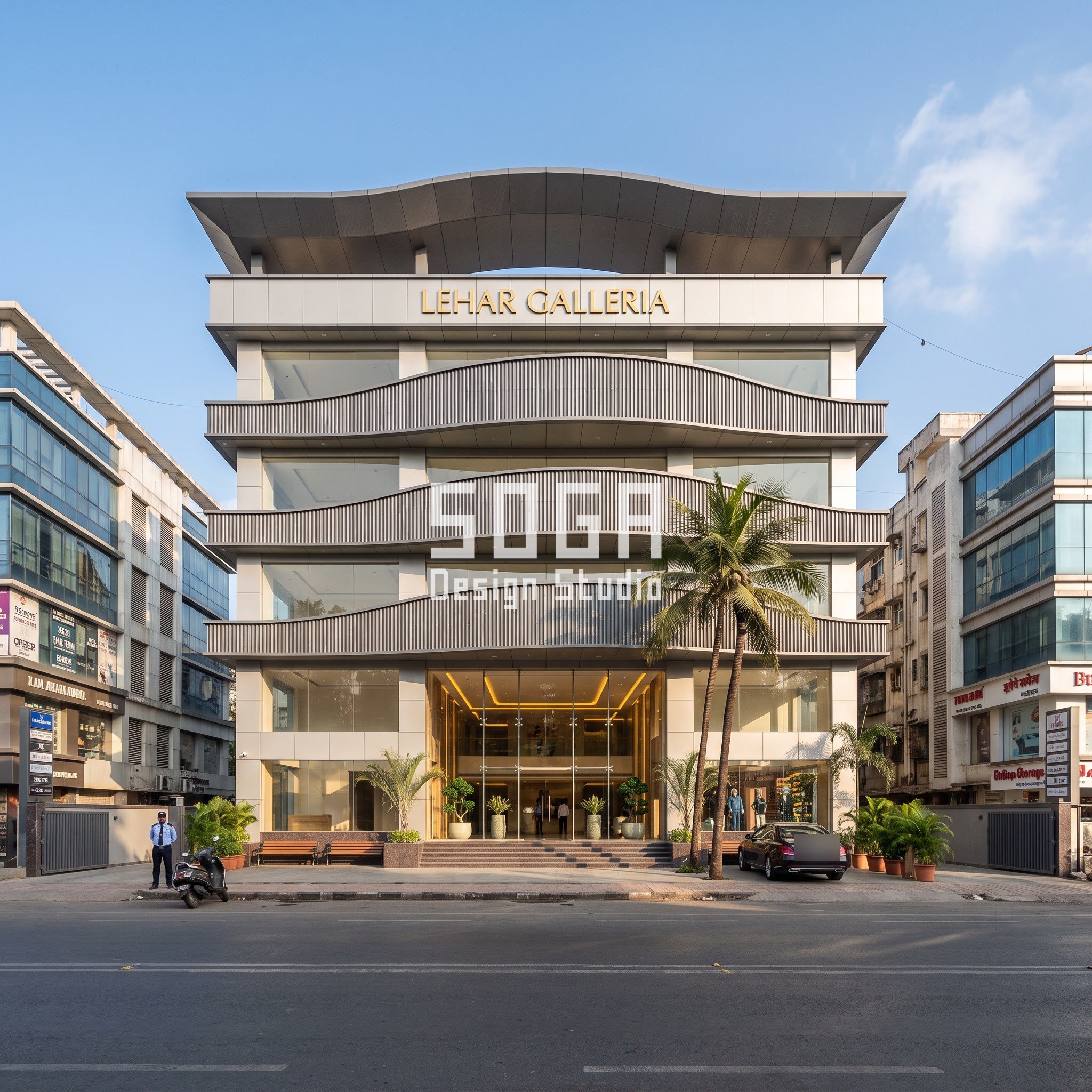 Mall Entrance Facade Design India: 5 Concepts at 80 m 1 Lehar Galleria concept in Mumbai (Bandra): graphite ribbed aluminium bands undulating down every balcony fascia under a 900 mm roof canopy crest on a G+4 shopping mall