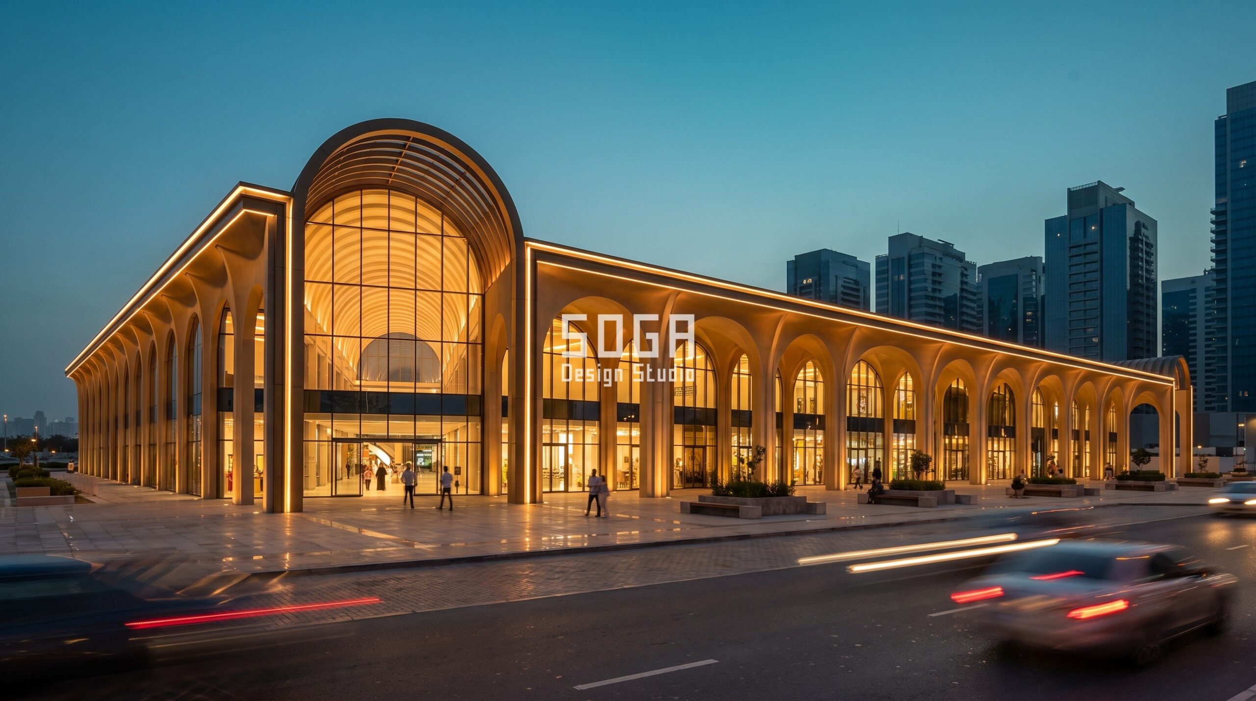 Shopping Mall Facade Design Dubai: The Colonnade Rule 1 Dubai: an 85,000 sq m enclosed mall with 2,400 basement parking bays. The 60 m arrival colonnade steps from 6.0 m arches under full north shade to 3.0 m at the west service corner, holding the barrel-vault atrium glazing in shadow past 11:00 am in June.