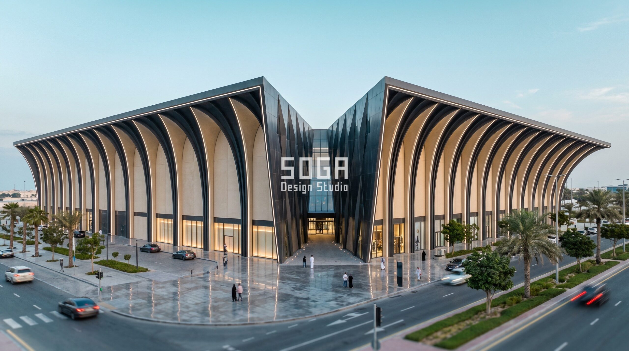 Shopping Mall Facade Design Dubai: The Colonnade Rule 2 Abu Dhabi: a 60,000 sq m mall on a Corniche corner plot. A faceted canyon void widens from 18 m to 30 m over a 55 m depth; the 54 m colonnade tapers from 5.5 m to 2.75 m arches, shading the canyon glazing past 11:30 am in July.