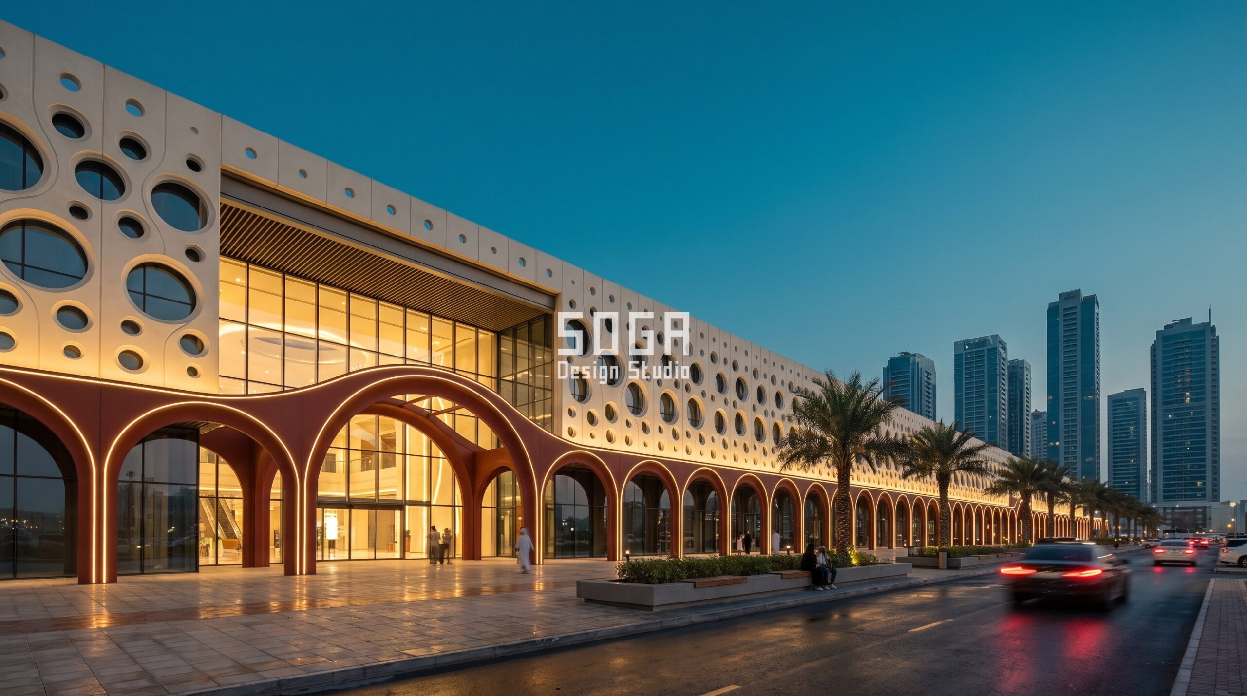 Shopping Mall Facade Design Dubai: The Colonnade Rule 3 Sharjah: a 48,000 sq m mall on Al Khan Creek. A graduated oculus veil grows from 1.2 m to 6.5 m openings across a 45 m span; the 50 m colonnade beneath it steps from 6.5 m to 2.5 m arches, shading the veil past 10:30 am in June.