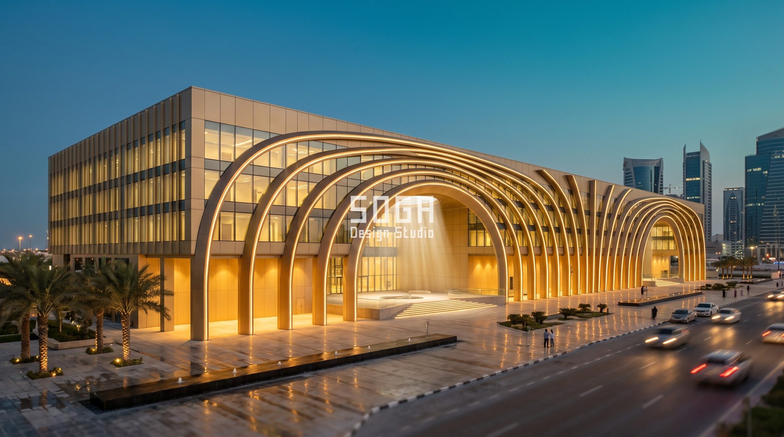 Shopping Mall Facade Design Dubai: The Colonnade Rule 5 Doha: a 55,000 sq m West Bay mall with 2,000 basement bays. A single 32 m-diameter roof oculus drops daylight onto a lifted colonnade court; the 58 m colonnade tapers from 6.2 m to 2.8 m arches, holding the court in shadow past 11:15 am in June.